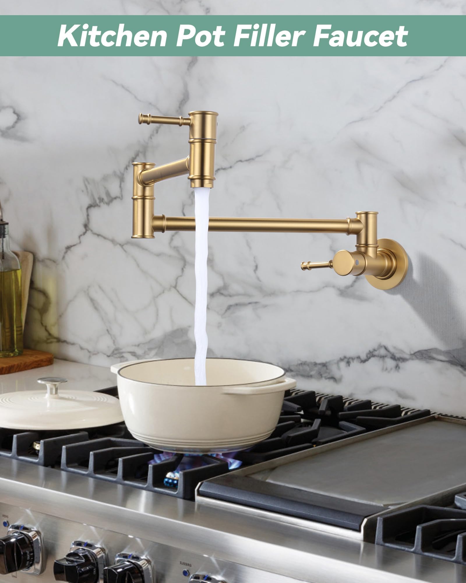 Aleasha Brushed Gold Pot Filler Faucet, Folding Kitchen Faucet Single Hole 2 Handle Wall Mount Over Stove