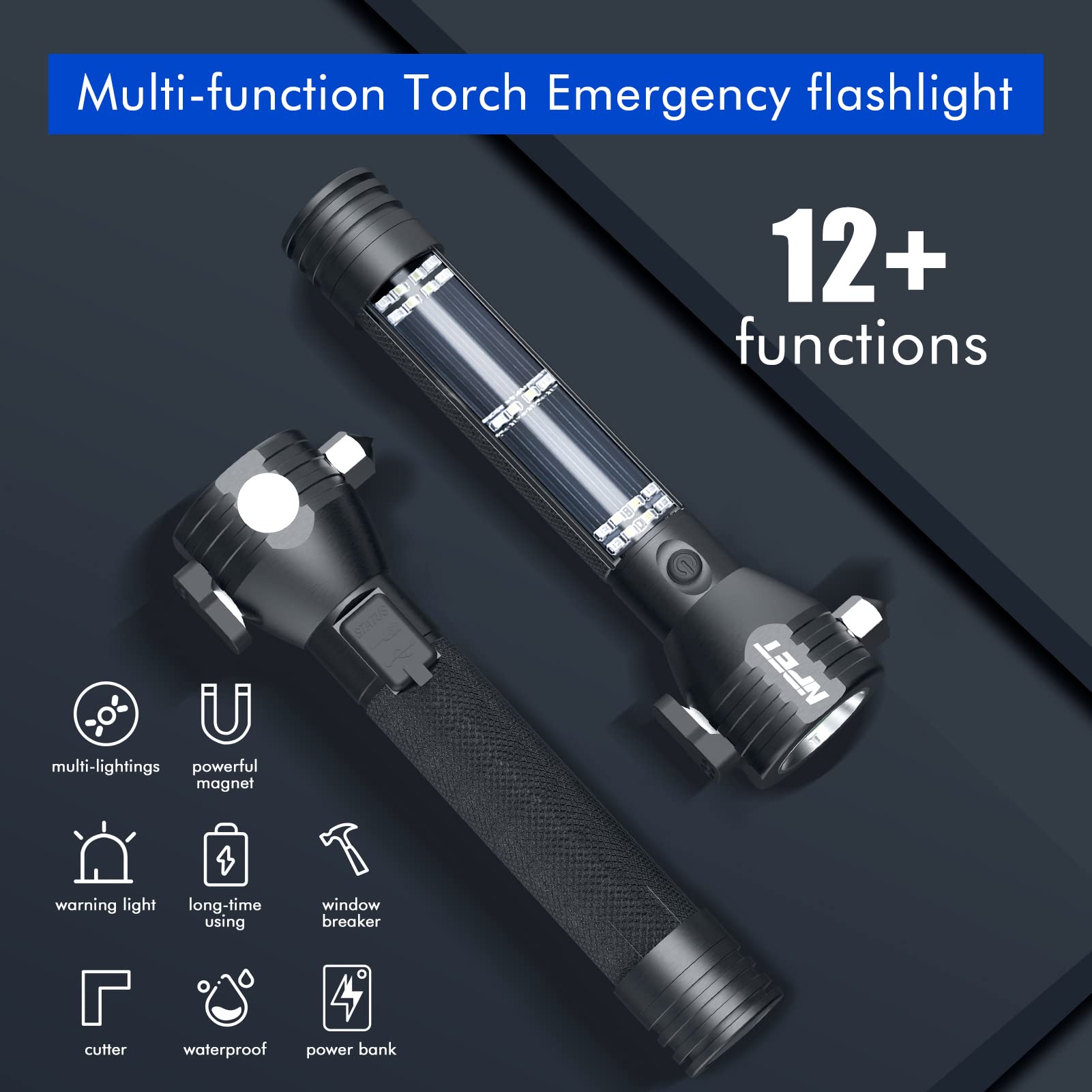 Npet T09 Solar Flashlight Car Flashlight 268 Lumens Led Cob Light Usb Rechargeable Tactical Multi-Function Torch Tool With Window Breaker Seat Belt Cutter Compass
