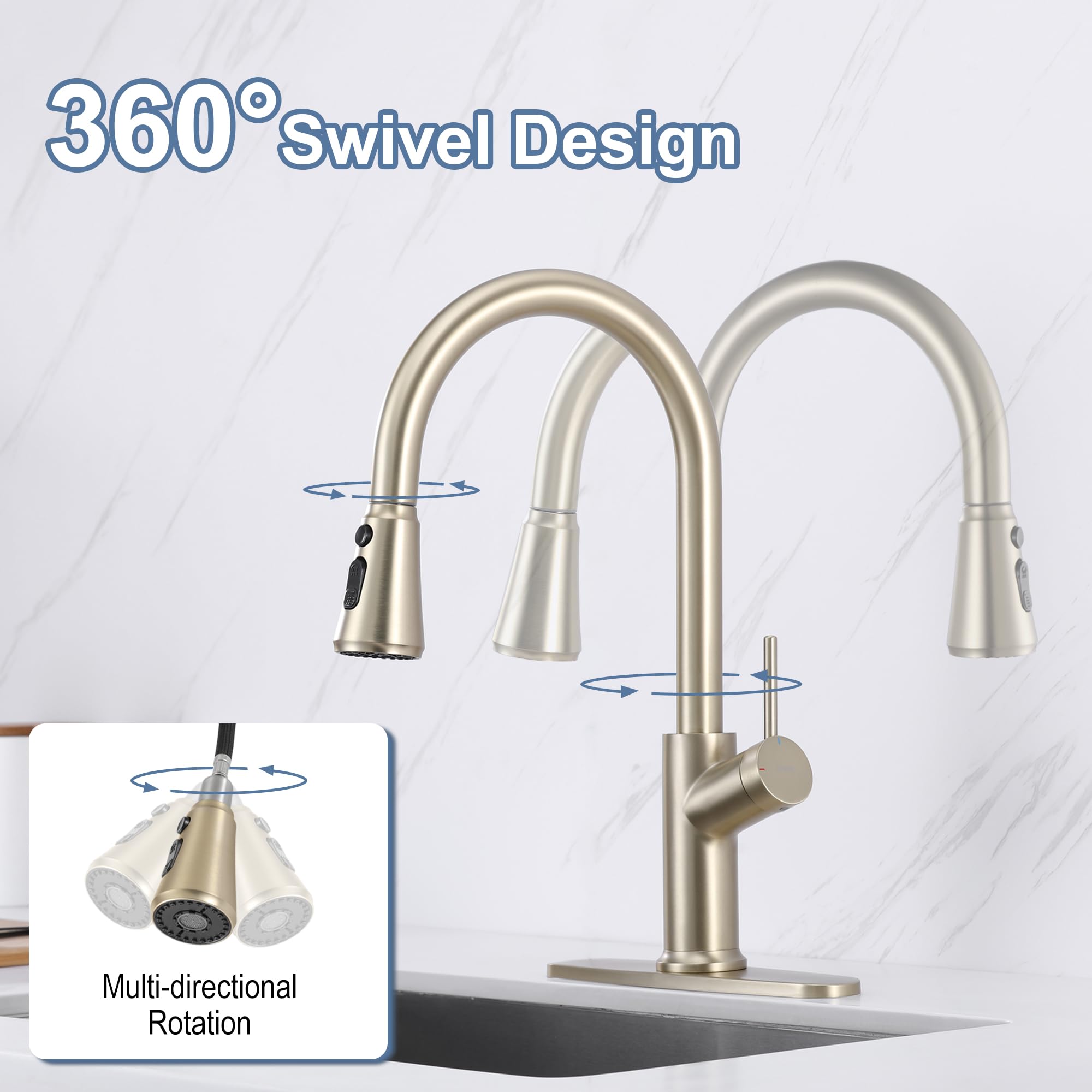 Indare Kitchen Faucet With Pull Down Sprayer Brushed Gold, High Arc Single Handle Kitchen Sink Faucet With Deck Plate, Stainless Steel Faucet For Kitchen Sink For Farmhouse Laundry Rv