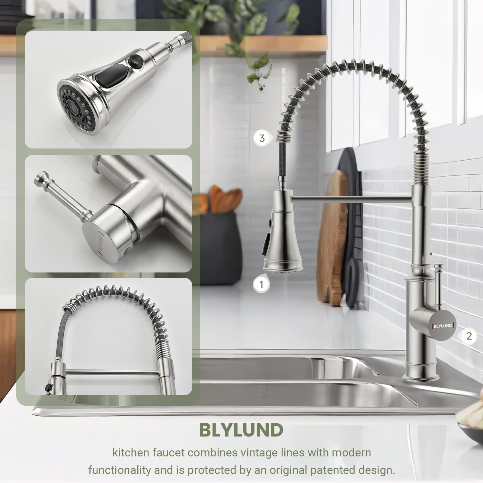 Blylund Commercial Kitchen Faucet With Pull Down Sprayer, One Hole Single Handle High Arc Pull Out Farmhouse Sink Faucets,Brushed Nickel