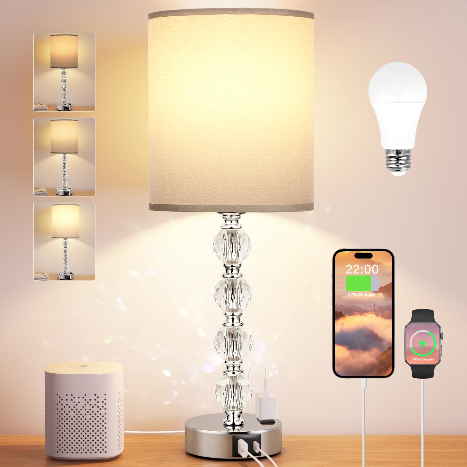 Acaxin Touch Bedside Crystal Lamps For Bedrooms Nightstand With Usb C+A Charging Port And Ac Outlet White, 3 Way Dimmable Silver Large End Side Table Lamp For Living/Dinning Room/Kitchen/Bedroom