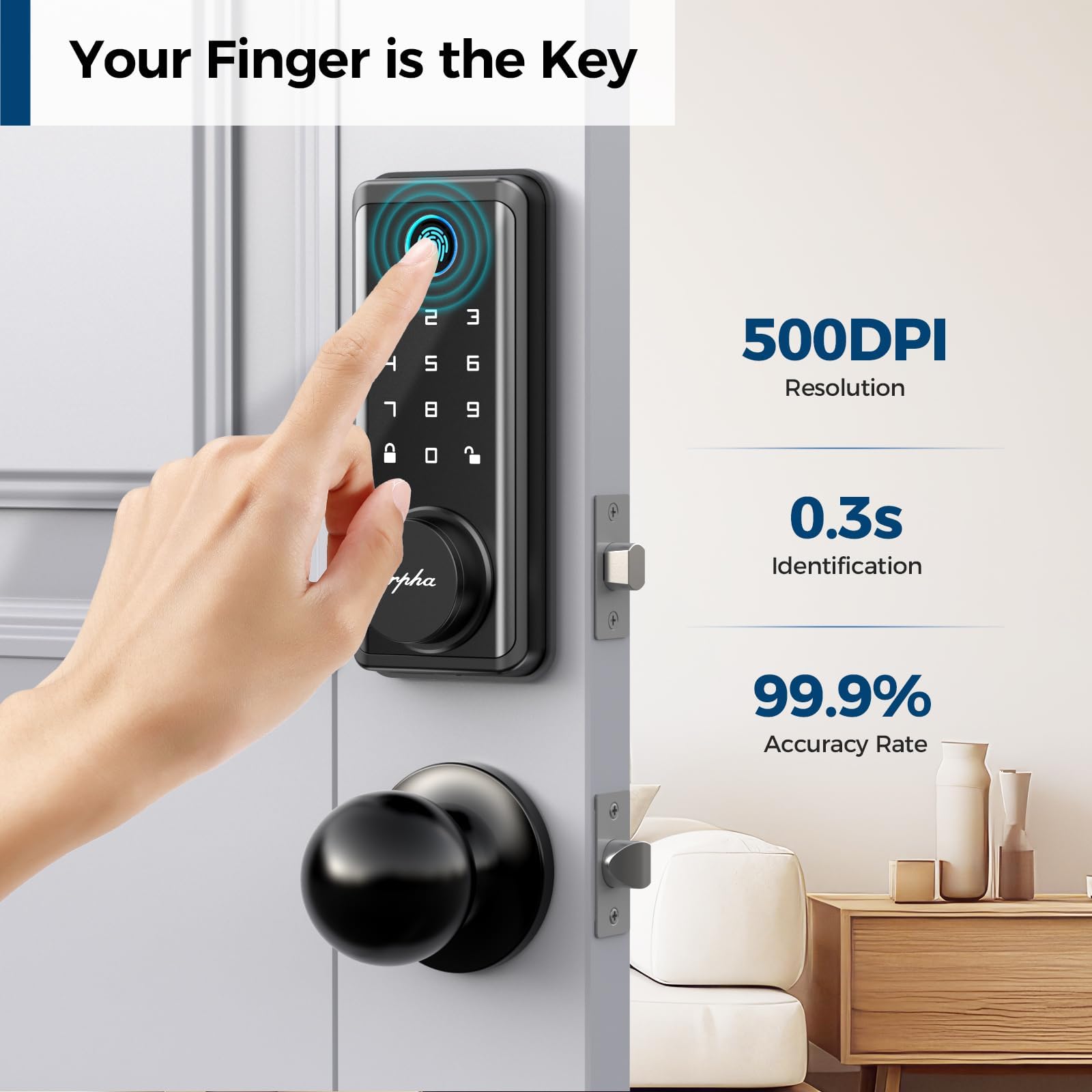 Arpha Keyless Entry Door Lock Deadbolt With Handle Set, 5-In-1 Fingerprint Keyless Entry Door Lock – App Control,Fob, Anti-Peep Keypad Code, Auto Lock, Easy To Install, Waterproof