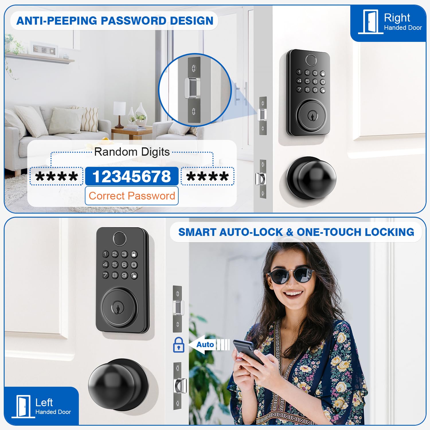 Aulaborer Fingerprint Door Lock Deadbolt With Handle Set – Smart Keyless Entry Lock With 5-In-1 Unlock, Keypad Lock With Autolock, App Control – Easy Diy Installation For Home & Rental Security (Metal Black)