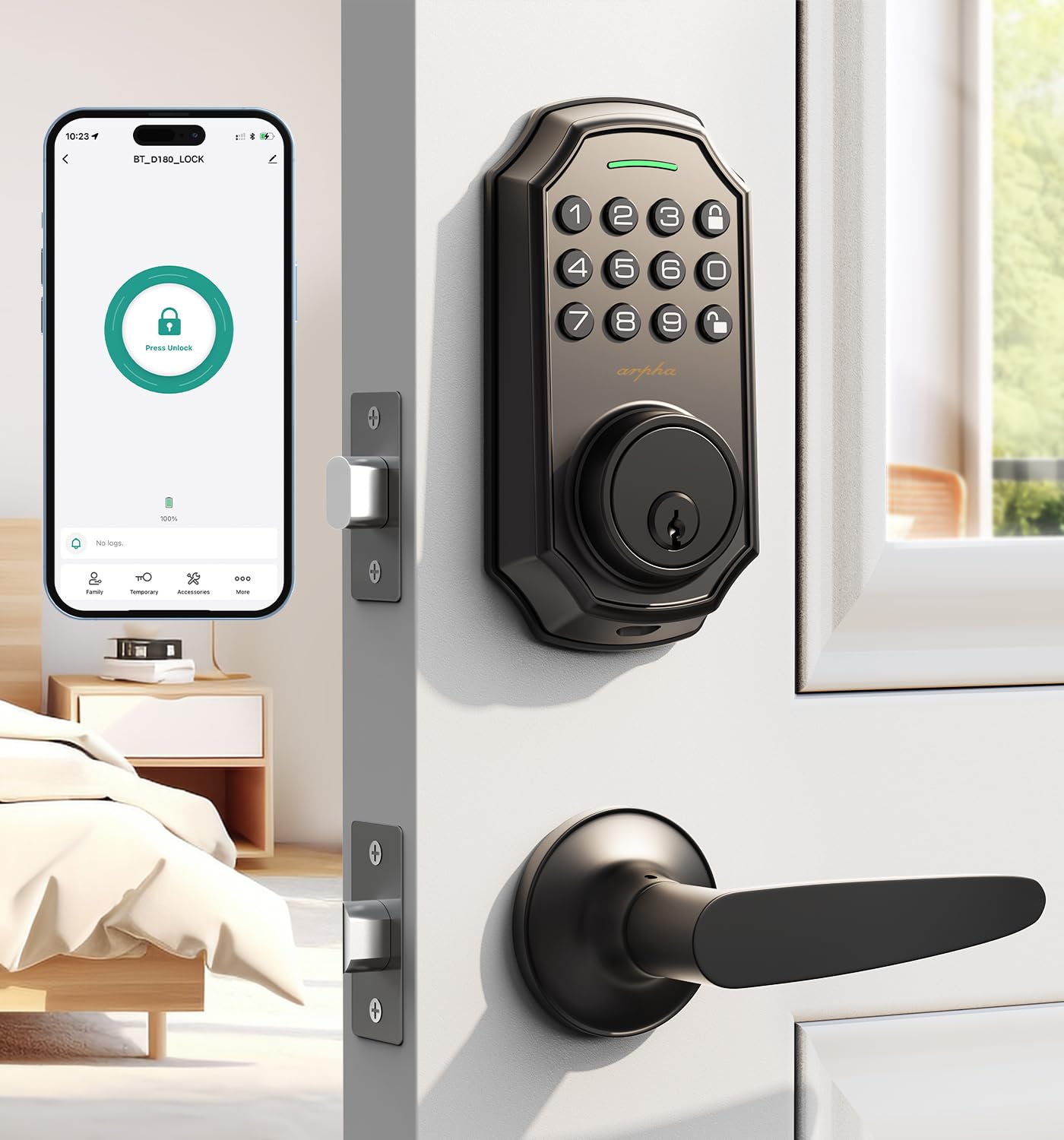 Arpha Smart Door Lock With Keypad & Bluetooth - Keyless Entry Handle Set, App Control, Auto Lock, Anti-Peep Code, 100 User Codes - Fits Us Standard Doors