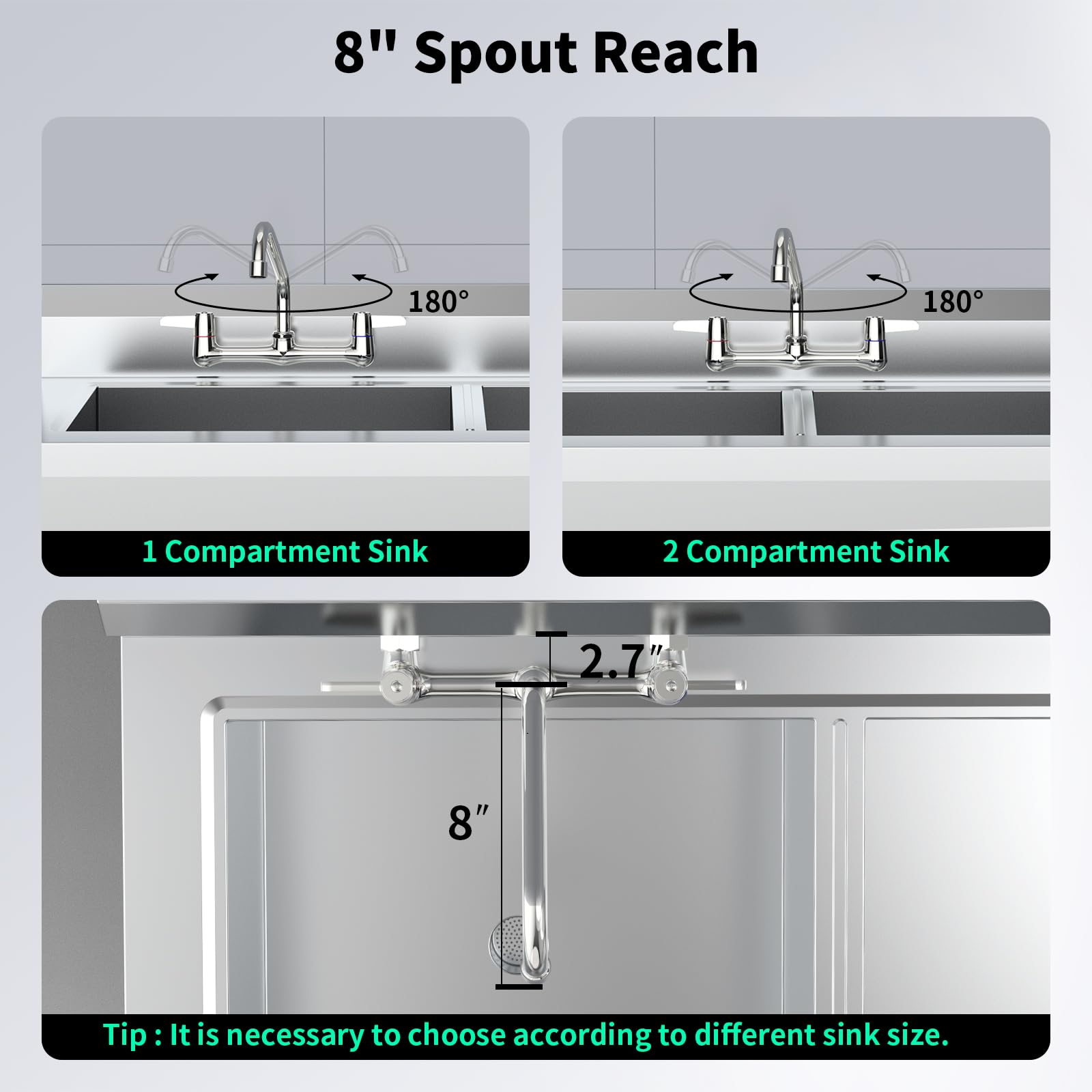 Mstjry Commercial Wall Mount Faucet For Kitchen: Utility Sink Faucet 8 Inch Center Kitchen Sink Faucet With 8" Spout - Brass Constraction - Ideal For Restaurant Laundry Industrial (Polished Chrome)