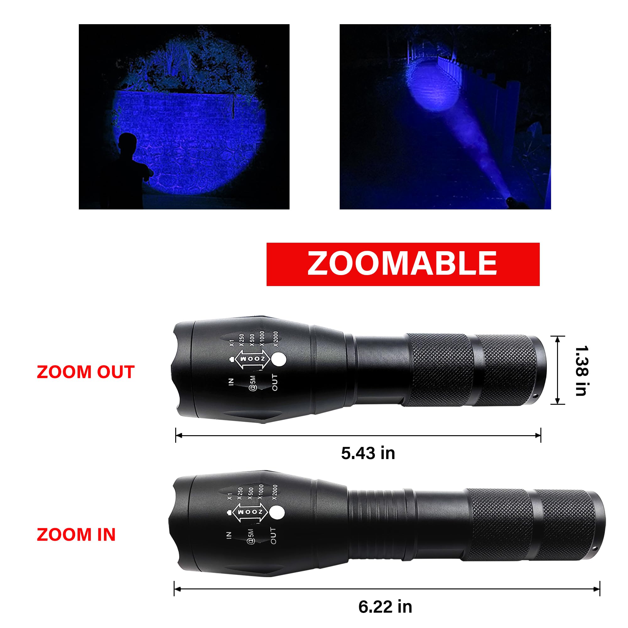 Souyos High Power Blue Led Flashlight,Zoomable Long Range Single Mode Blue Light Flashlights For Night Deer Hunting Fishing