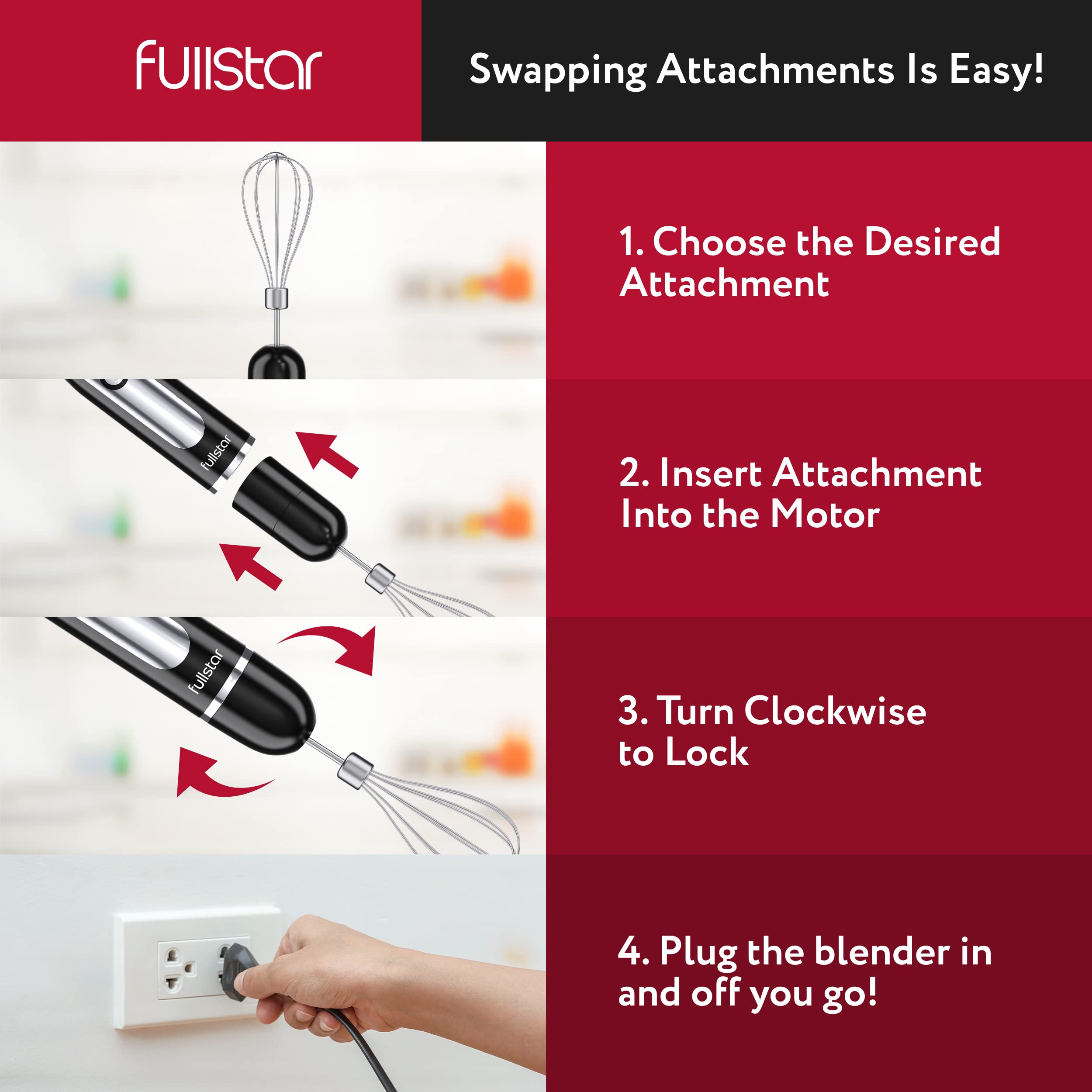 Fullstar Immersion Blender Set, 9-Speed 500W Handheld Electric Hand Mixer, Smoothie Blender (3-In-1, Black)