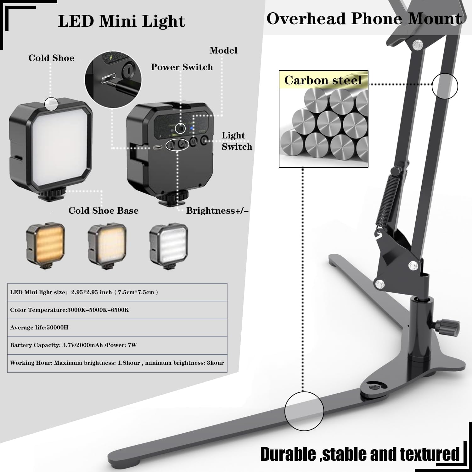 Mlsac Overhead Phone Mount With Led Light, Phone Stand For Recording, Adjustable Tabletop Stand For Live Streaming Online Video And Food Crafting Demo Drawing Sketching (Mc-01)