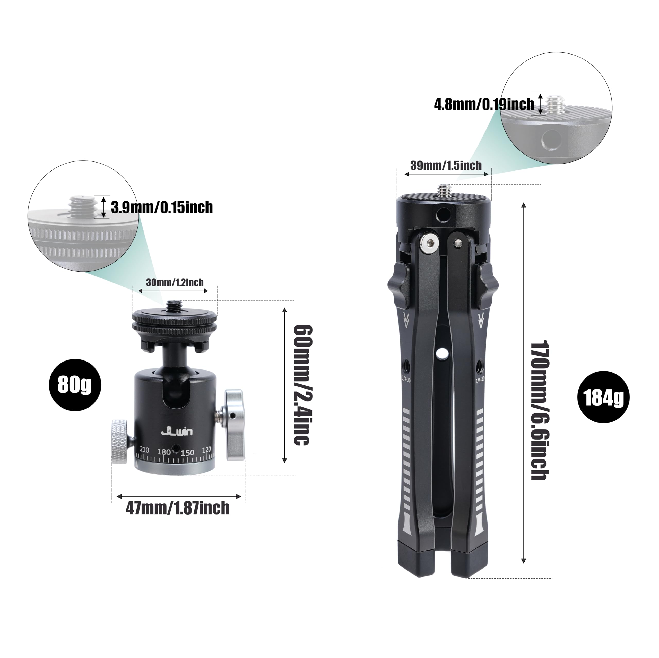 Focusfoto 2-In-1 360° Panoramic Ball Head & Aluminum Adjustable Desktop Tripod Stand- 4-Level Height (45-165Mm) With Cold Shoe Adapter, 1/4"-20 & 3/8"-16 Screws For Mirrorless Camera Vlogging
