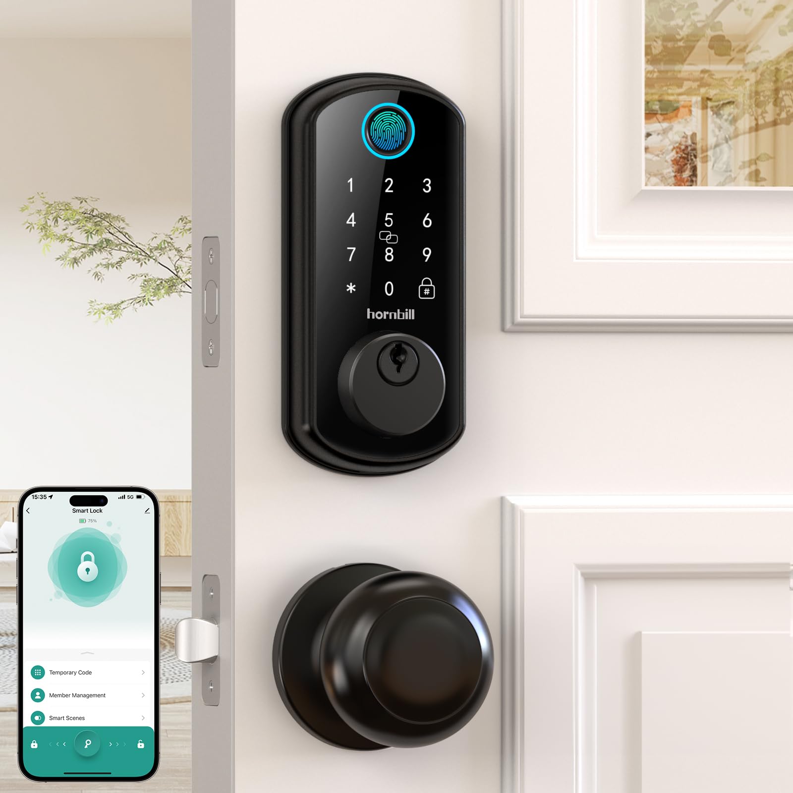 Hornbill Wifi Smart Door Lock Set: Keyless Entry Door Lock Deadbolt With Handle Set Fingerprint Front Door Lock With 2 Knobs Alexa Bluetooth Remote Code Auto Lock For Home Hotel Security Black