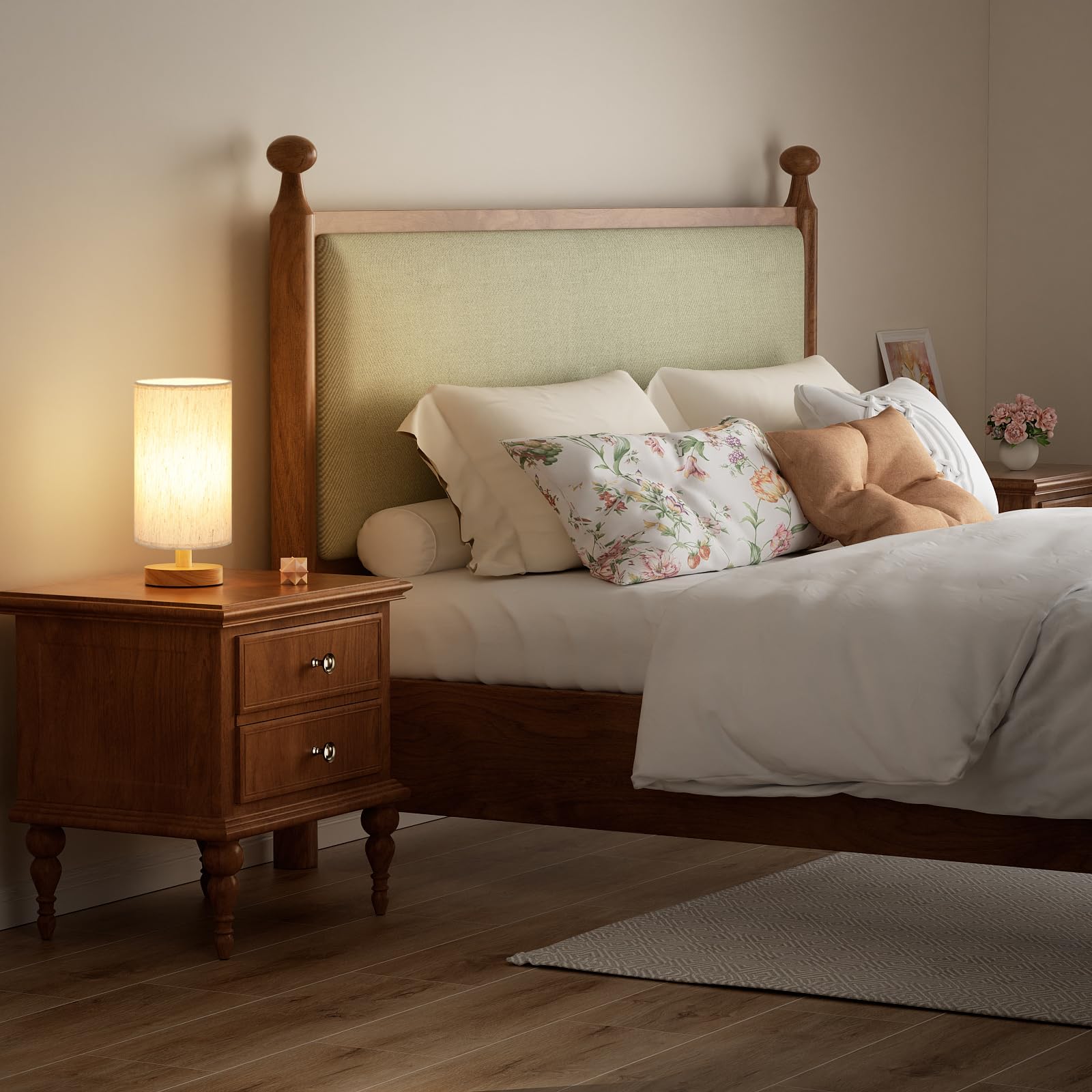 Fenmzee Small Table Lamp For Bedroom - Inline Control, Bedside Lamp With 3000K A15 Led Blub, Easy Assembly (Cream Shade - Wood Base, 9" Inline Control)