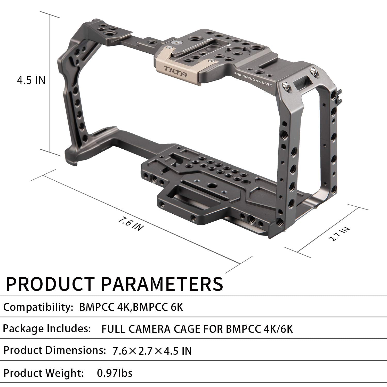 Tilta Full Camera Cage Compatible With Bmpcc 4K/6K (Gray) With Cold Shoe Mounting Points  Ta-T01-Fcc-G
