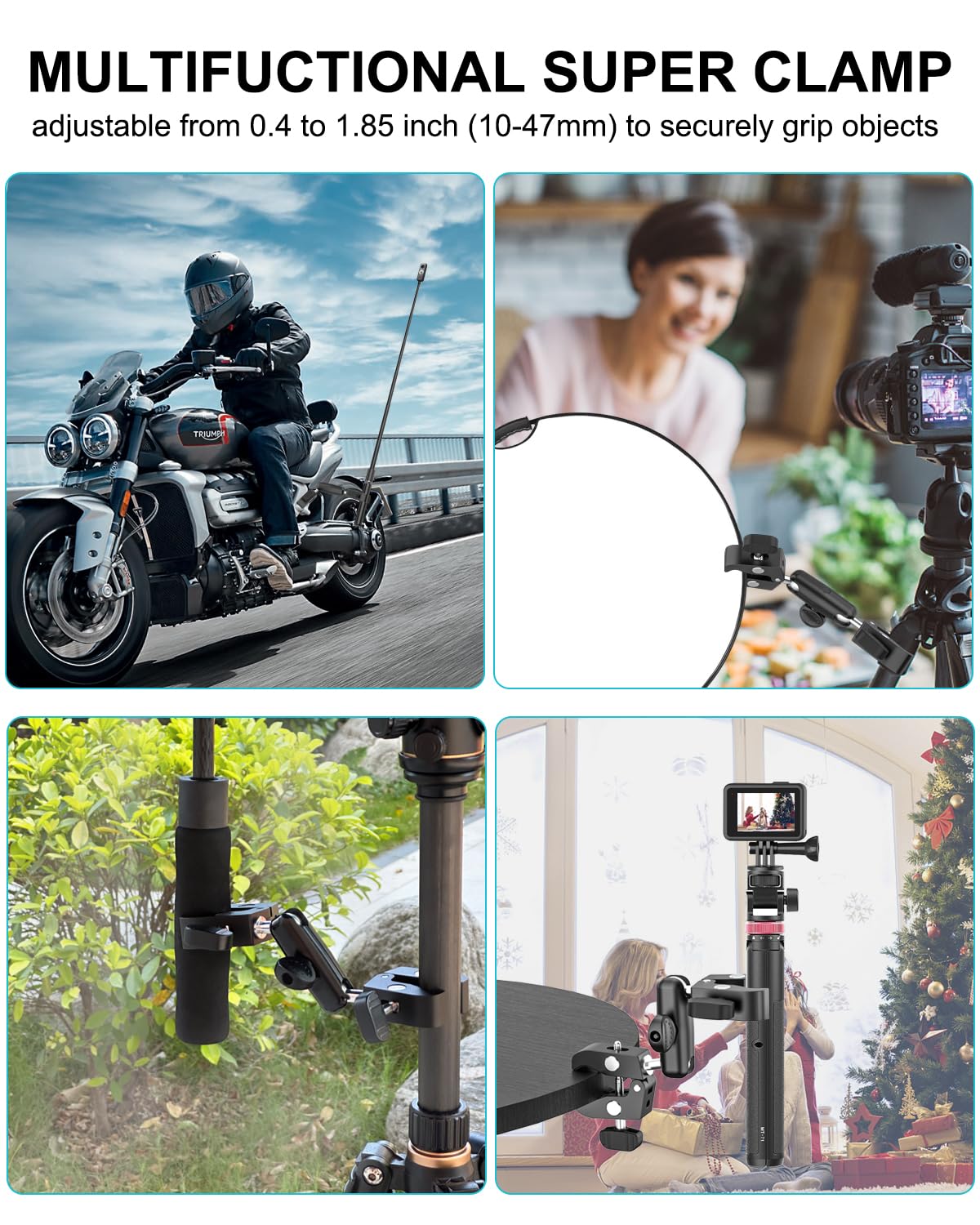 Dosvsi Double Super Clamp Camera Mount, [With 1/4" Screw Holes] Metal Adjustable Dual-Heads Clip With Magic Arm, Heavy Duty Pole Clamp Holder For Photography/Light Stand/Tripod/Studio/Selfie Stick