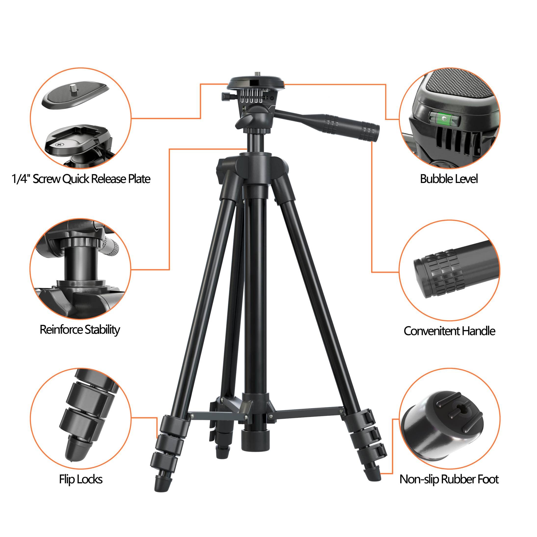 Polarduck Laser Level Tripod Phone Stand: 51-Inch 130Cm Aluminum Lightweight Tripod With 1/4" Screw Mount And Bubble Level For Rotary And Line Lasers Measuring Tools, Carry Bag Included Matte Black