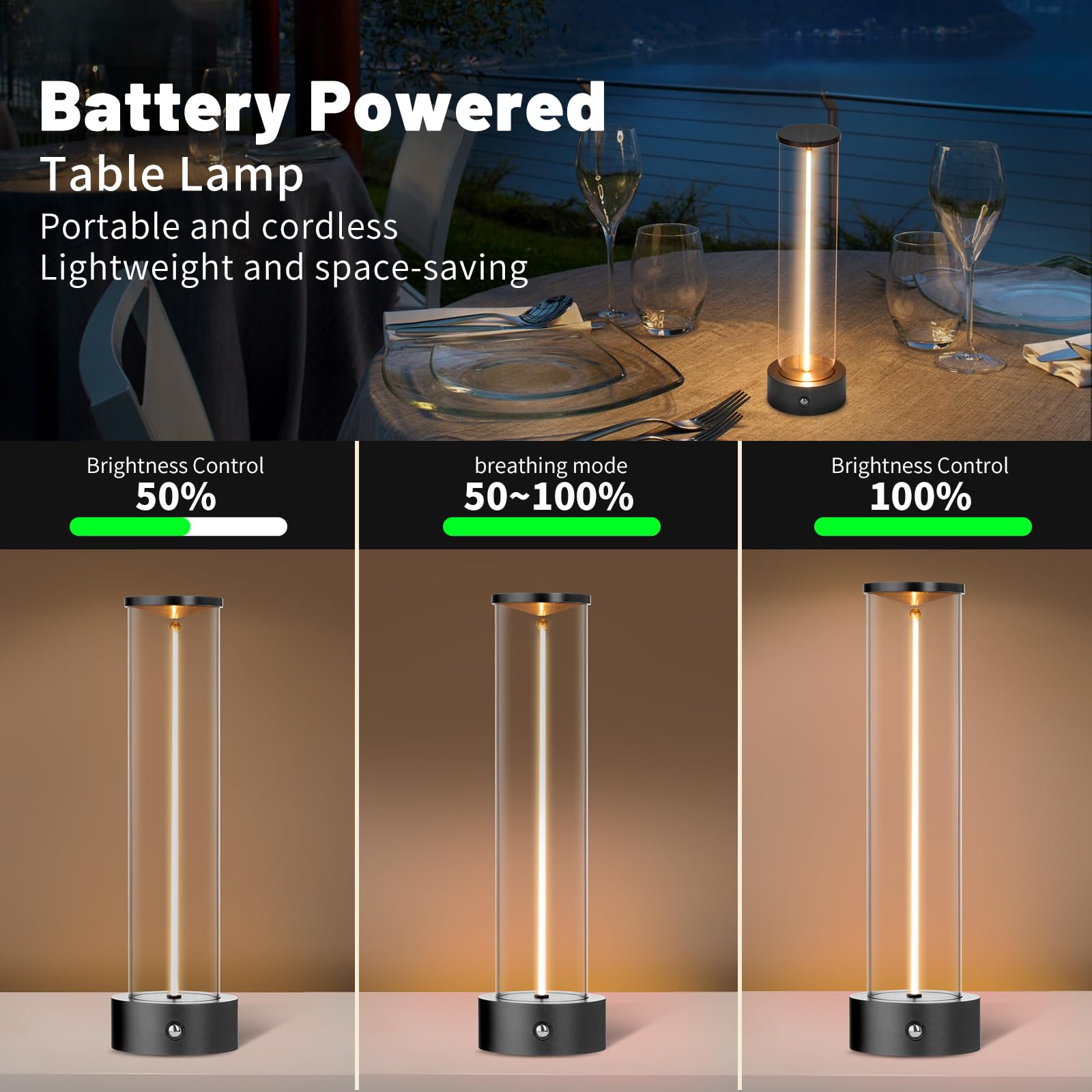 Yyxgoob Cordless Portable Led Table Lamp， Rechargeable Battery Operated Desk Lamp With Touch Sensor, Three-Level Dimmable Suitable For Bars/Cafes/Restaurants/Bedrooms/Camping Site (Black)