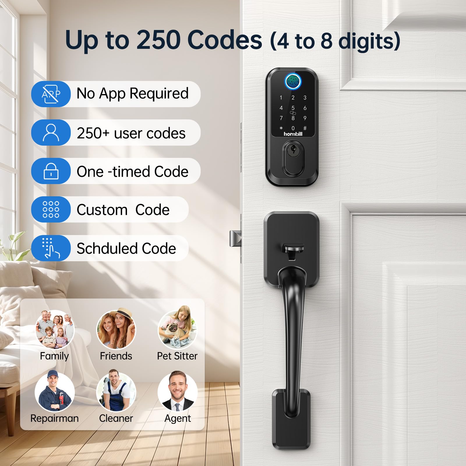 Hornbill Wifi Smart Deadbolt Lock: Front Door Lock Set Keyless Entry With Handle, Smart Locks For Front Door, Alexa Compatible, Fingerprint Keypad Deadbolt, Touchscreen,App Remote Control, Matte Black