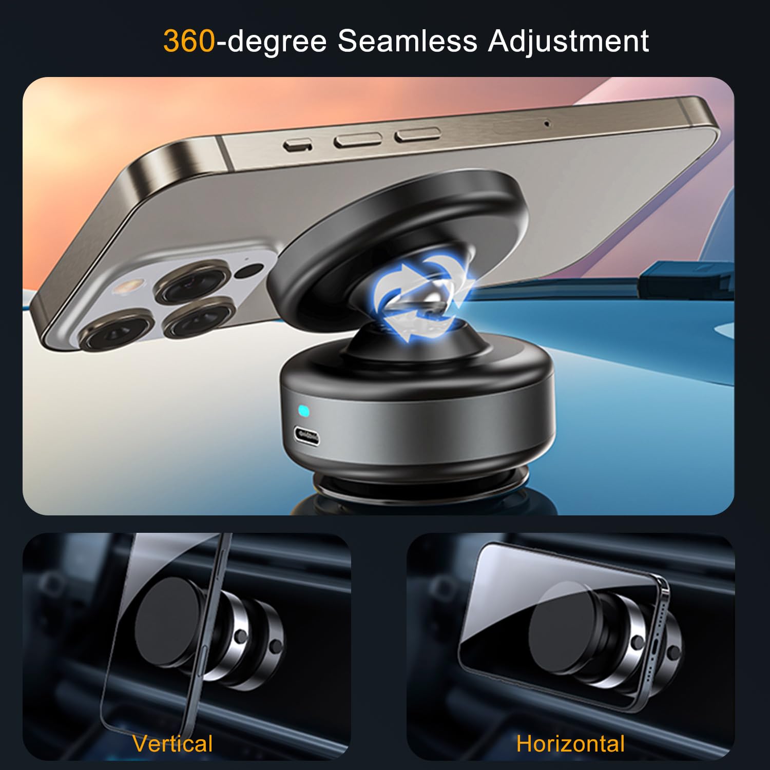 Jkoailiwi 360 Adjustable Vacuum Magnetic Phone Holder, Hands- Stable Anti-Shake Electric Suction Cup Phone Mount, Magnetic Phone Holder For Car Vlogging Travel, For Magsafe Iphone 16E 16 Pro Max