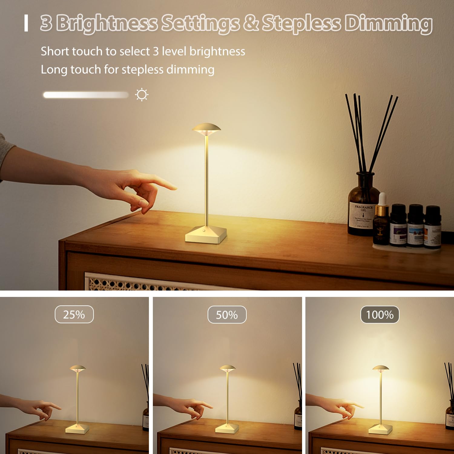 Funtaphanta 3 Pack Gold Small Cordless Table Lamps Rechargeable, Battery Operated Mini Lamp, Small Lamp Touch Portable Table Lights, Led Night Light For Bedside/Bathroom/Desk/Outdoor (Gold-B)