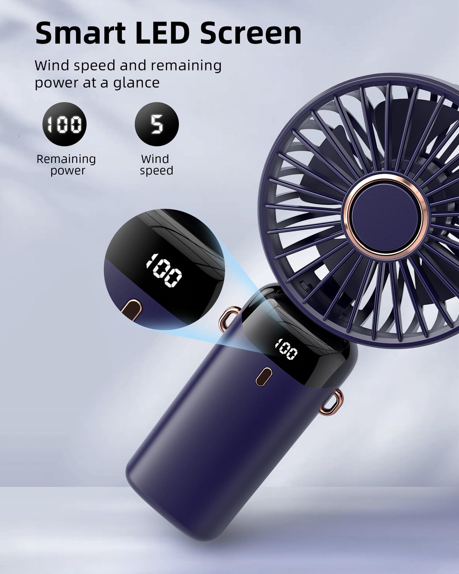 Koonie Portable Handheld Fan, Battery Operated Fan With Base, 8 Hours, Digital Display, 5 Speeds