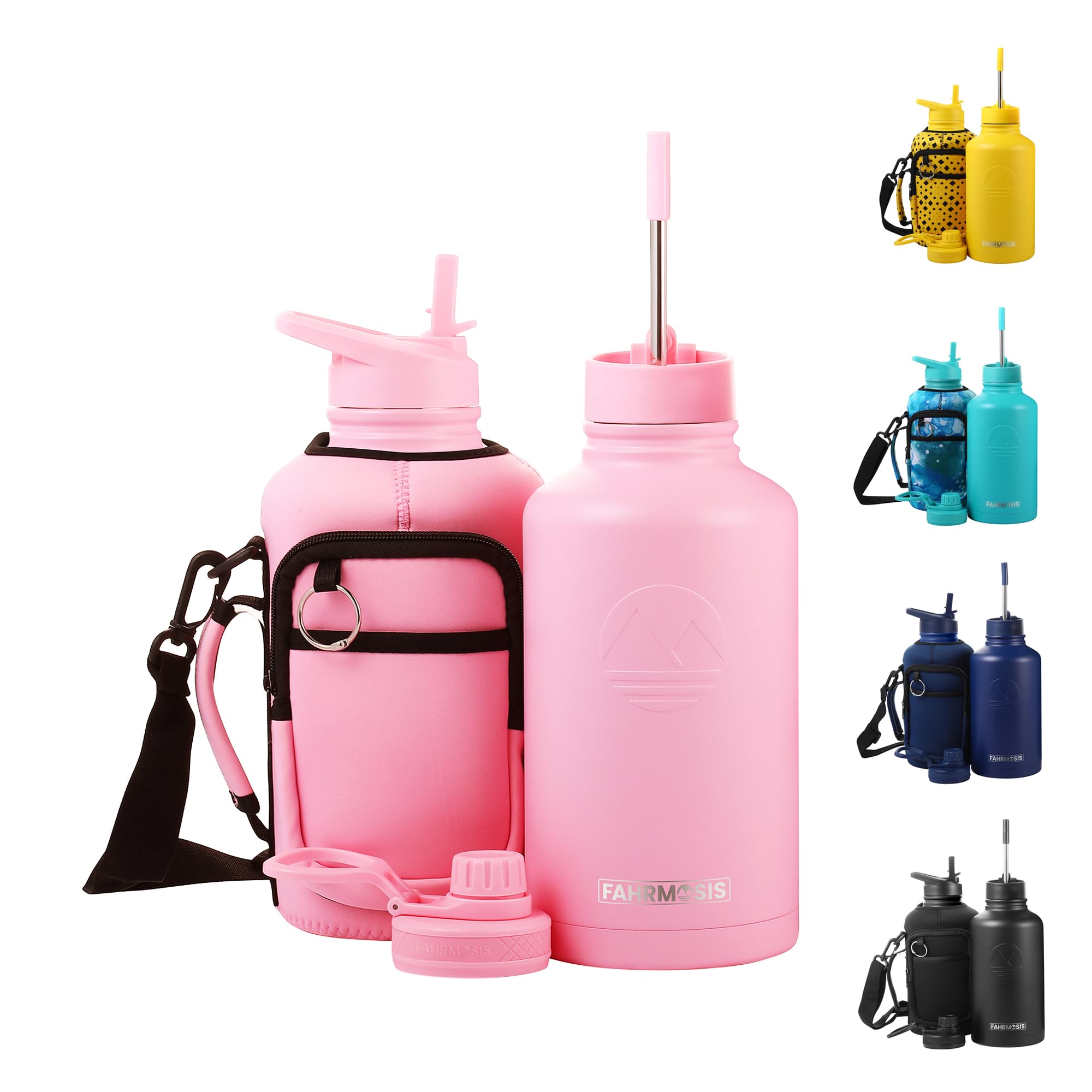 64 Oz Insulated Water Bottle With Strap Stainless Steel Sports Water Bottle With 3 Lids