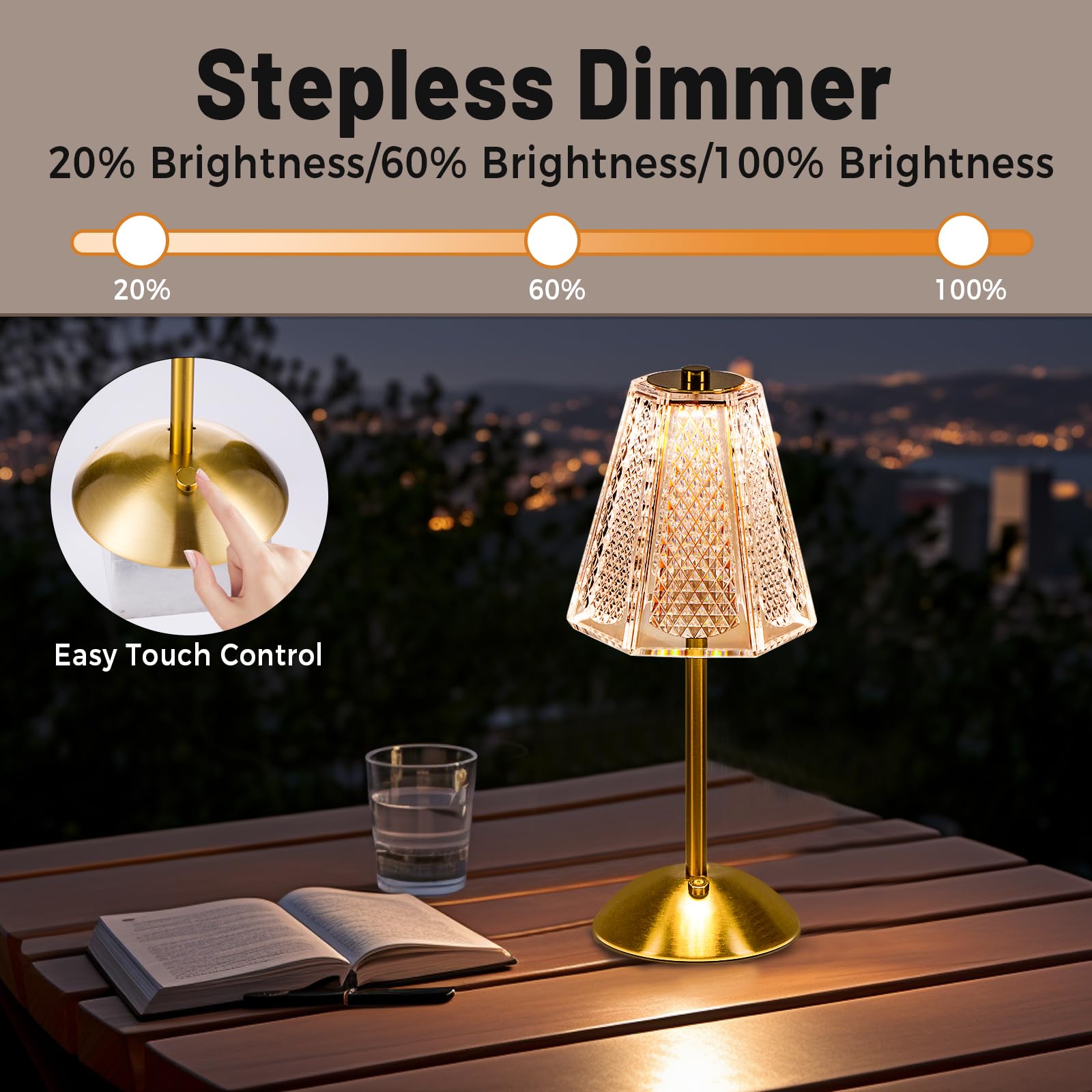 Hapygi Portable Battery Operated Led Table Lamp With Touch Sensor, Gold Cordless Brass Rechargeable Bedside Lamp/Night Light/Restaurant Table/Outdoor/Coffee/Bar