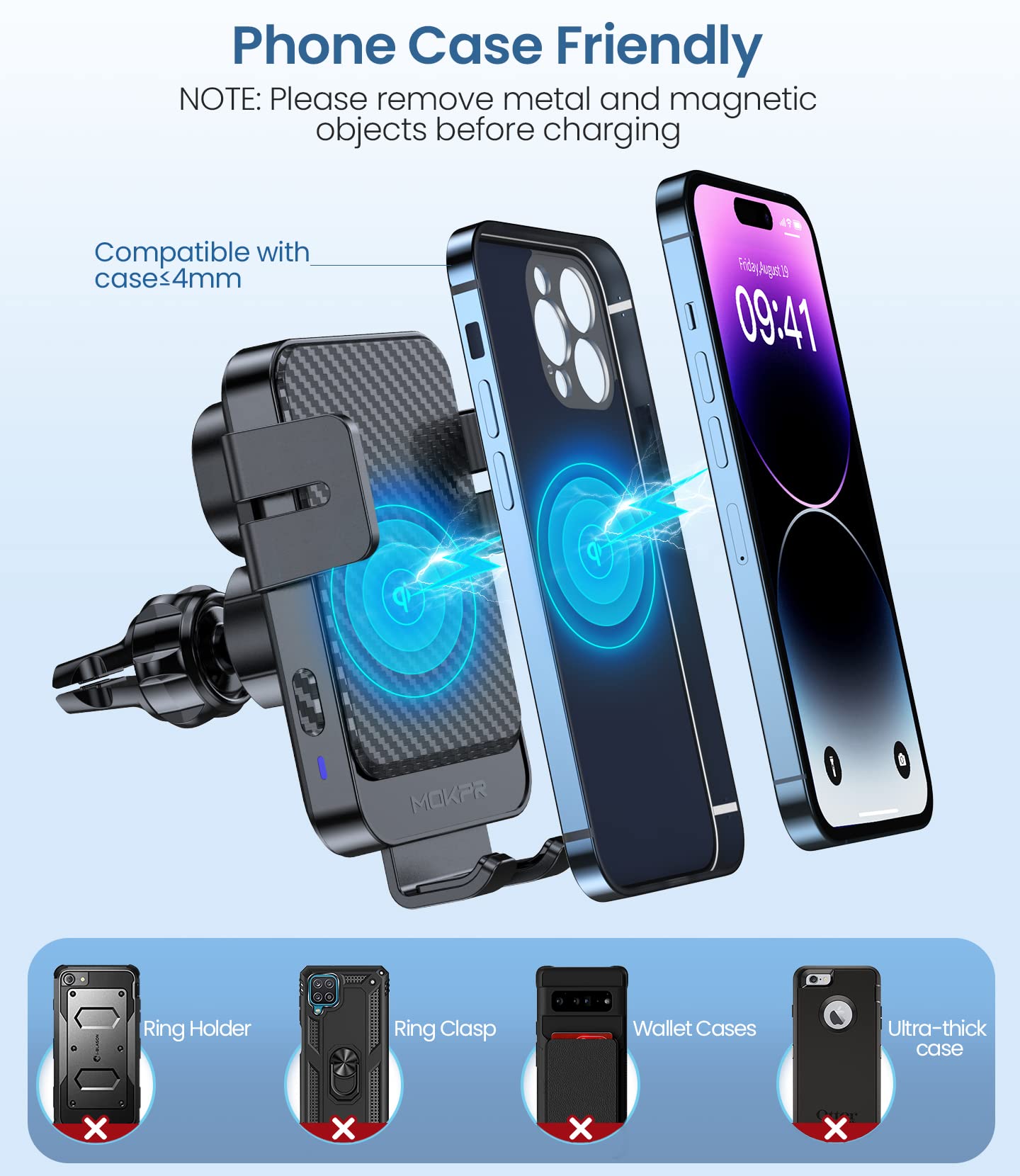 Mokpr Wireless Car Charger, 15W Fast Charging Auto-Clamping Car Mount Universal Hands- Car Charger Mount For Dash Windshield Air Vent Compatible With Iphone 16 15/14/13/12, Samsung S23/S22/S21,Etc