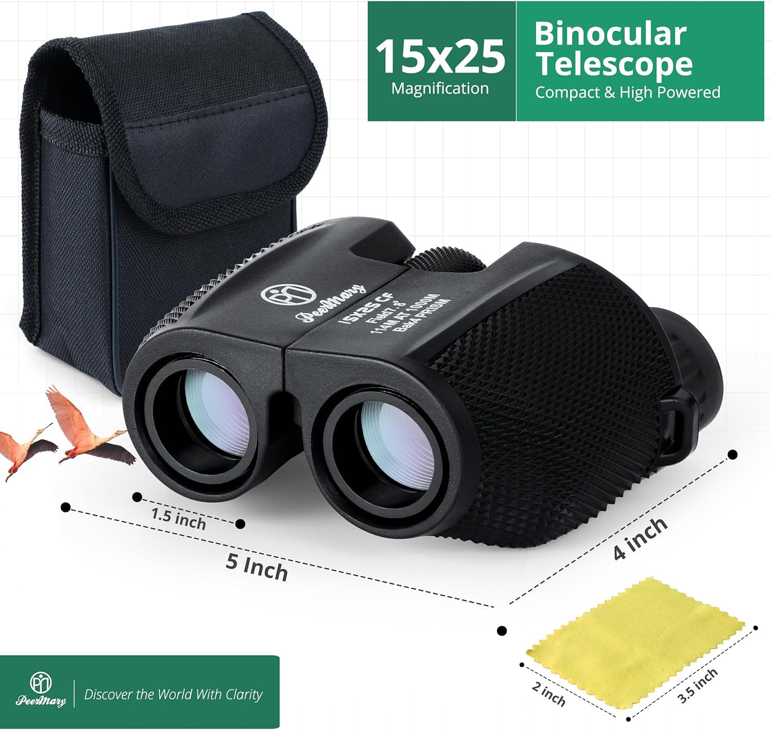 Peermary Compact Binoculars For Adults And Kids 15X25 - Bak4 Prism For Brighter & Sharper Image - Fully Multi Coating Prevent Surface Reflection & Boost Light For Bird Watching, Outdoor Hunting, Travel
