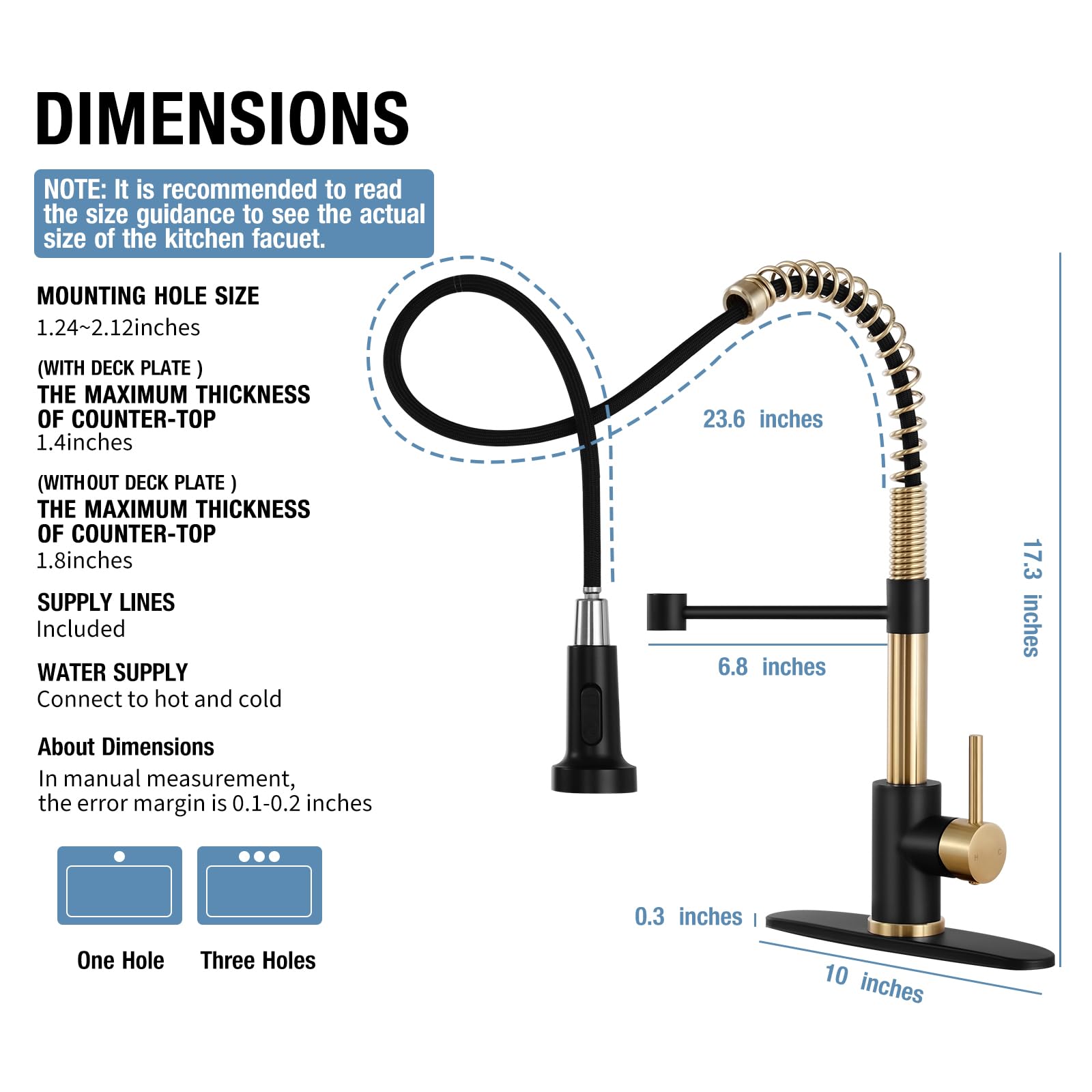 Djs Kitchen Faucets With Pull Down Sprayer Matte Black & Brushed Gold - Single Handle 1 Or 3 Holes Spring Kitchen Sink Faucet With Deck Plate For Farmhouse Rv Vessel Basin