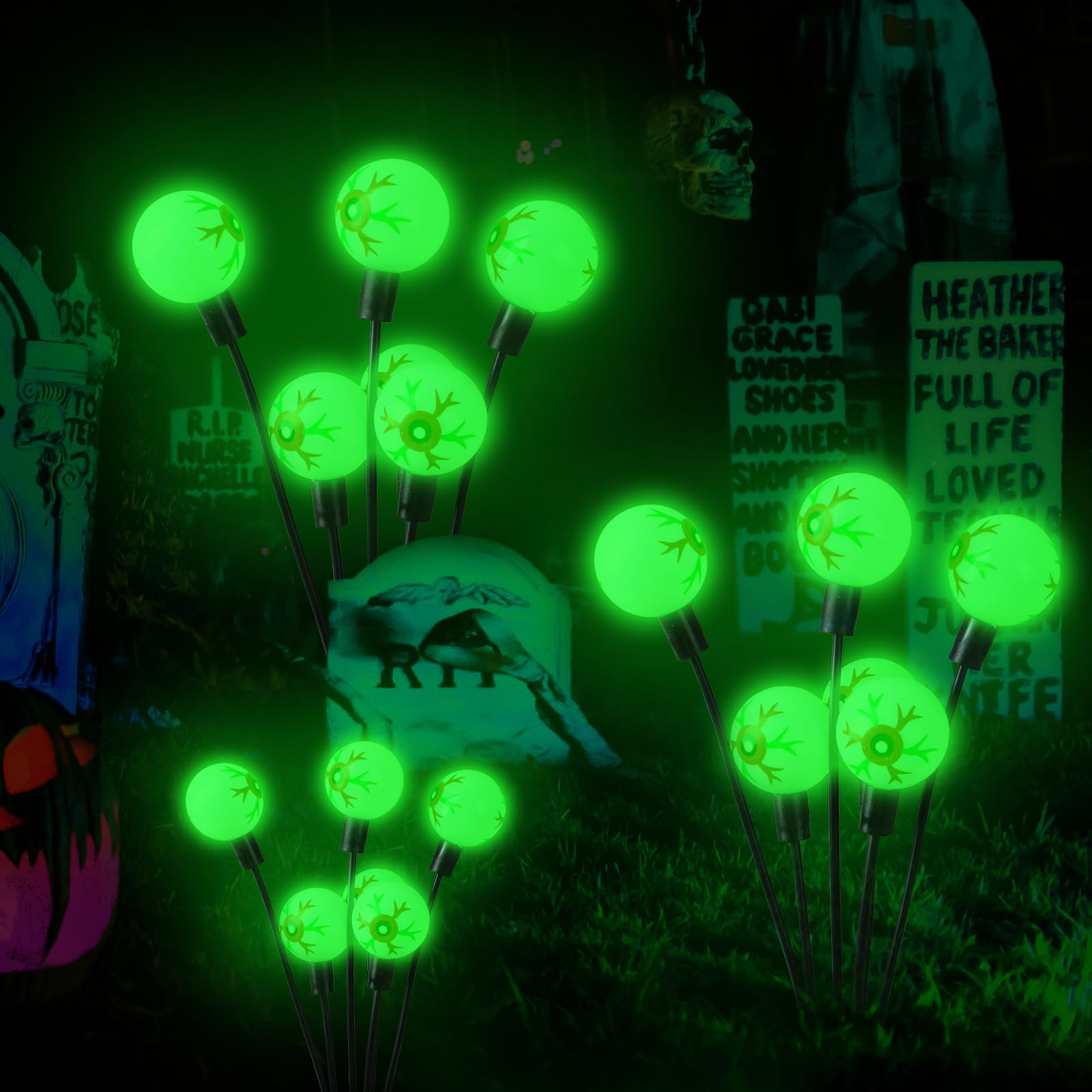 Mououso Solar Halloween Lights，2 Pack Green Halloween Eyeball Lights Outdoor, Solar Firefly Lights Swaying By Wind With 2 Modes Halloween Pathway Lights For Patio Yard Garden Halloween Decorations
