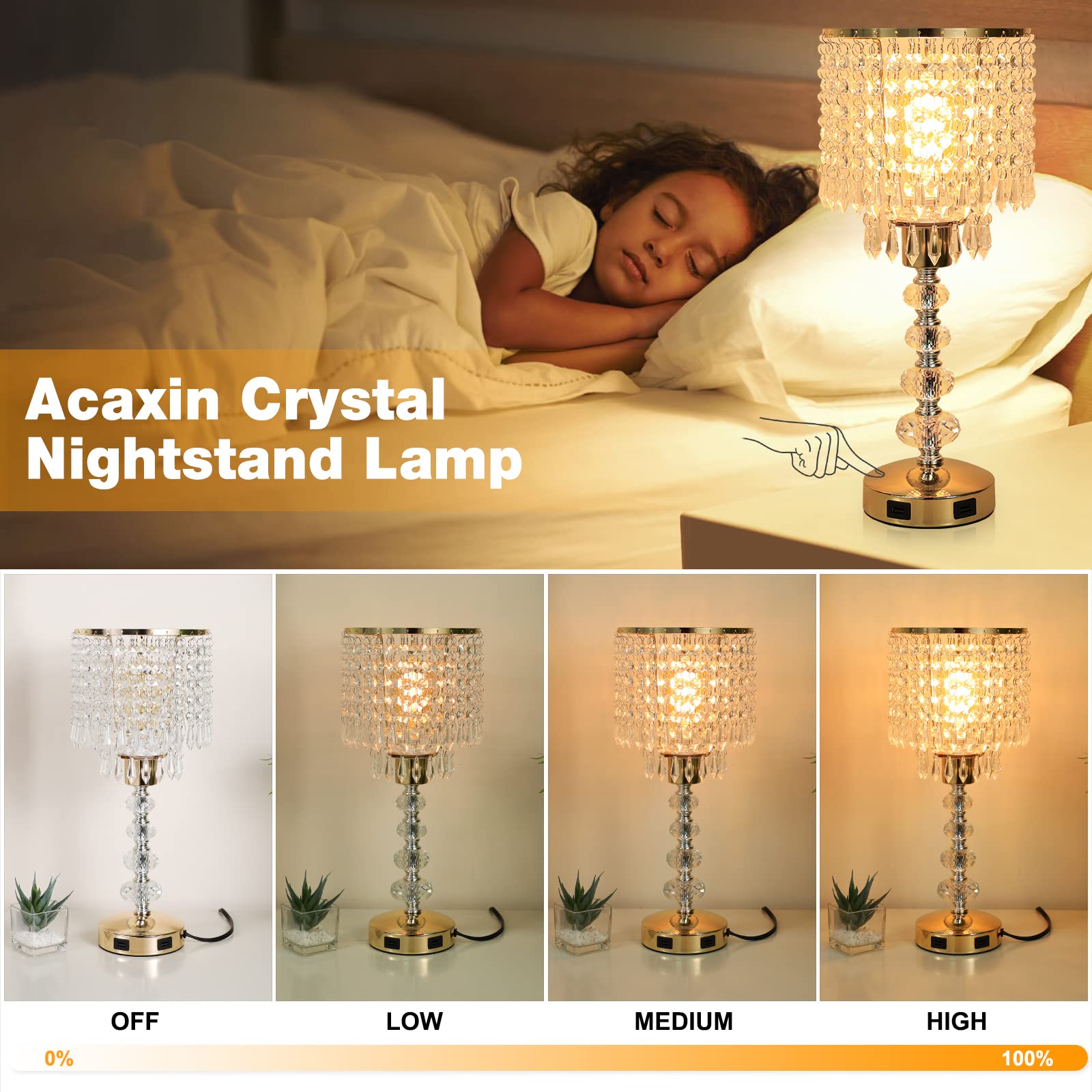 Acaxin Crystal Table Bedside Lamp Touch Control, 3-Way Dimmable Small Nightstand Lamp With 2 Usb Charging Ports, Decorative Gold Tabletop Lamp For Bedroom, Living Room And Guest Room