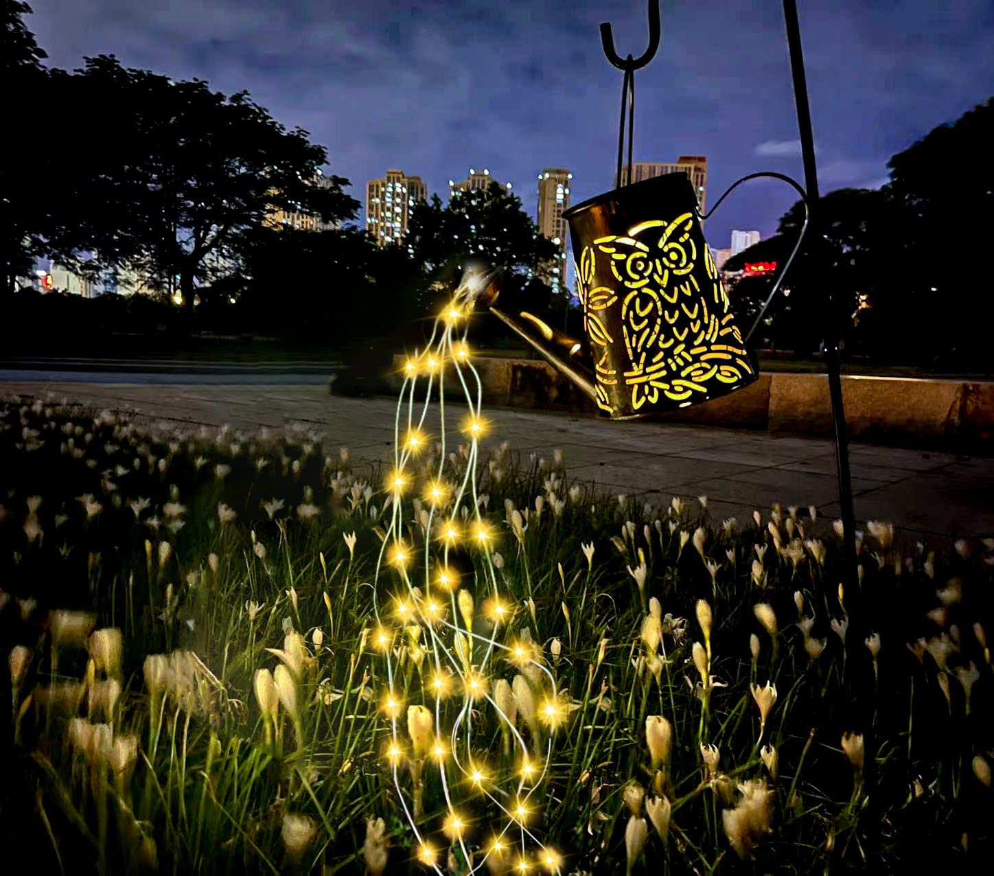 Happy Long Ears Solar Watering Can With Cascading Lights - Large Waterfall Lights Garden Decor, Owl Shape Solar Hanging Lantern Outdoor Waterproof , 96 Leds String Light Flashing For Patio,Lawn,Garden,Pathway