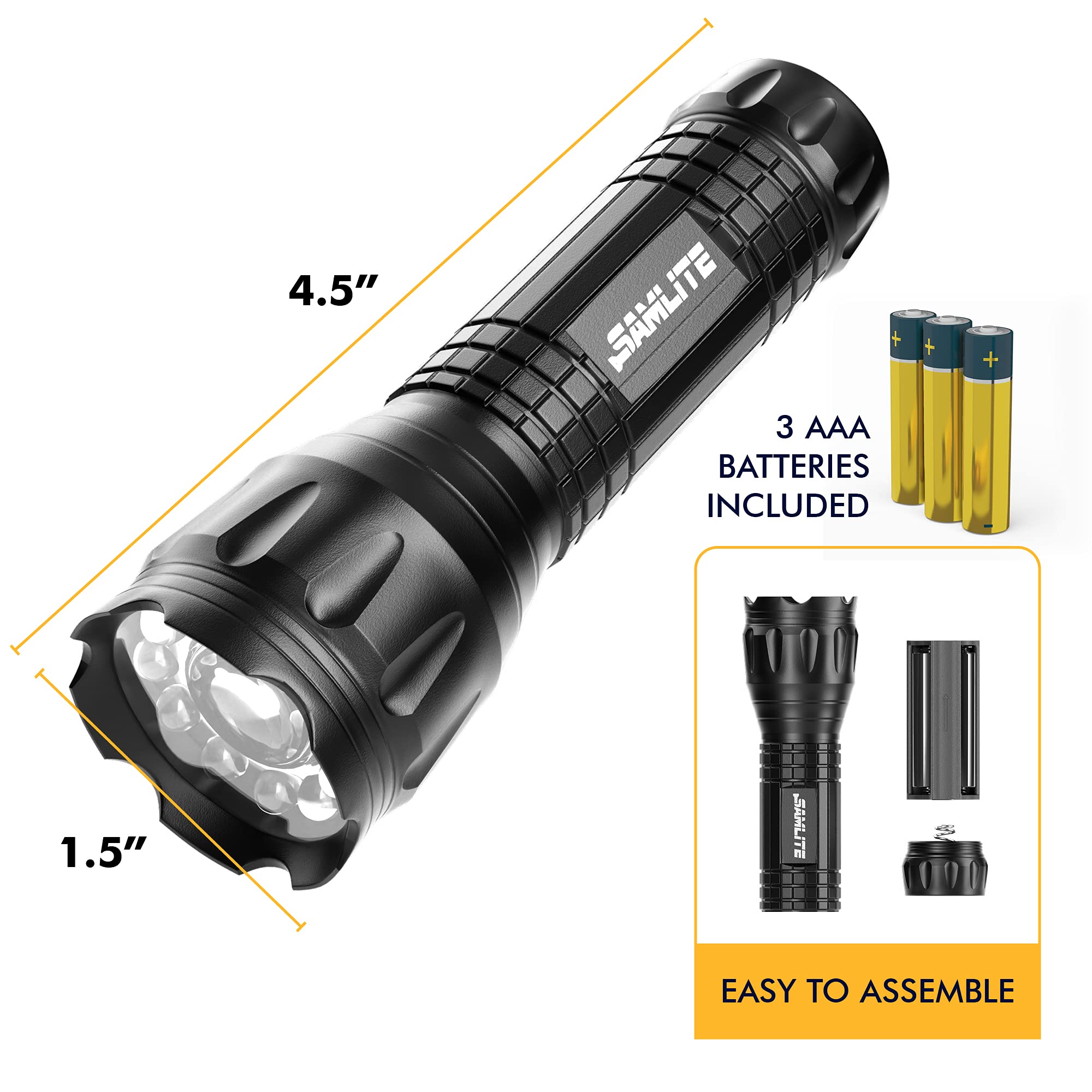 Samlite Samlite- Led Tactical Flashlight With 5 Options, Bright Led Light, Laser Pointer, Uv Blacklight, Green Light And Magnetic Bottom - Water Resistant - (3 Aaa Batteries Included)