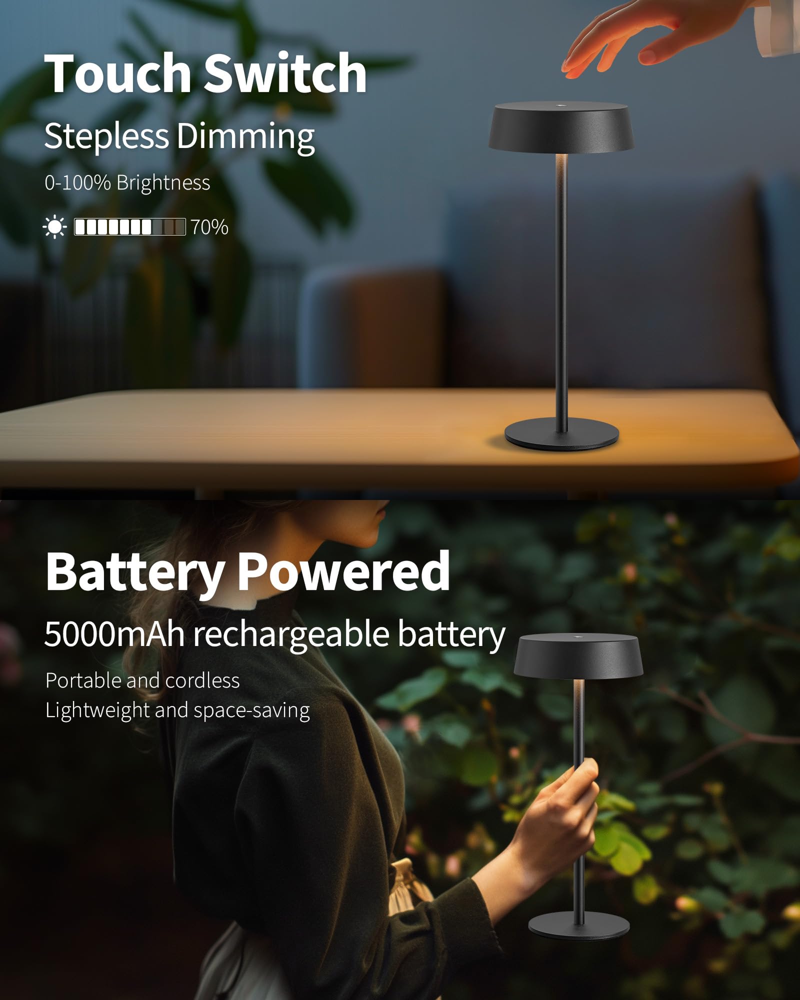 Visdanfo 2 Pack Cordless Table Lamps, Rechargeable Lamp With 5000Mah Battery Operated, Touch Lamps, Portable Indoor/Outdoor Lamp For Kitchen Living Room Bedroom, Waterproof (Black)
