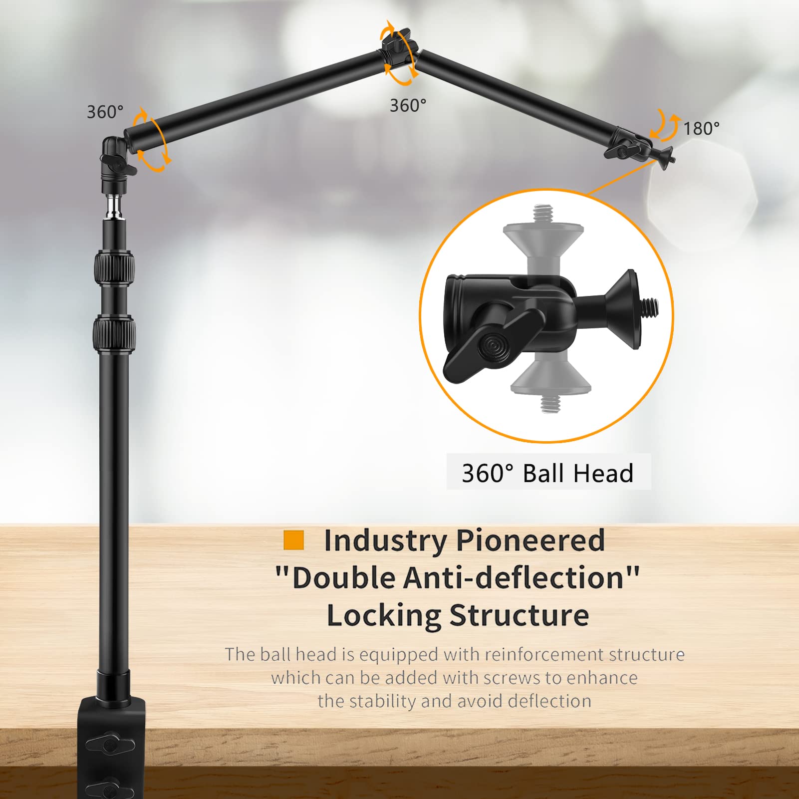 Obeamiu Camera Desk Mount Stand With 24.41'' Detachable Magic Arm, Mount Light Stand With 360° Ballhead, 16.7-40.1'' Tabletop Clamp Stand For Dslr Camera/Fill Lights/Selfies/Live Streaming/Webcam