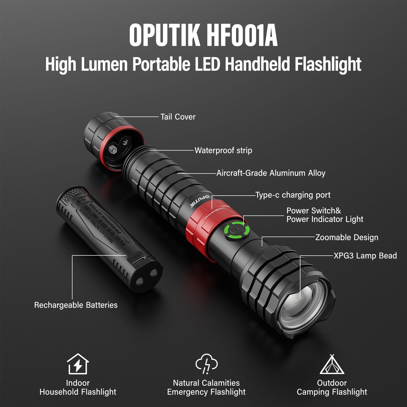 Oputik Portable Rechargeable Handheld Flashlight,Led Powerful Flashlights 1500 High Lumens,Military Grade Emergency Bright Tactical Flashlights Suitable For Home,Outdoor Use (Black+Red, 2 Pack)