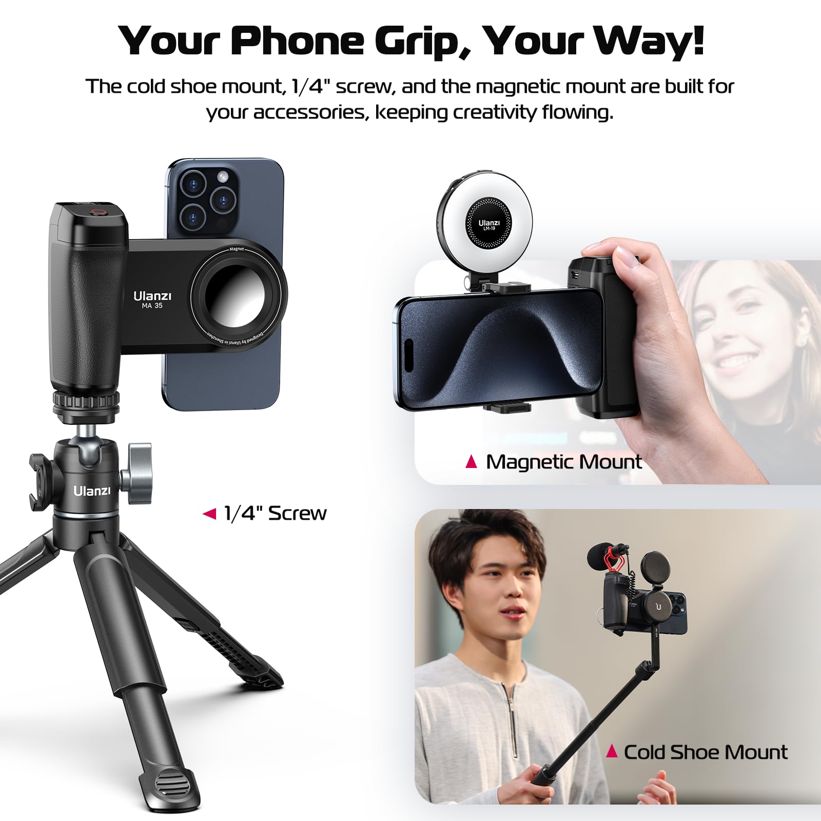 Ulanzi Selfie Phone Tripod Mount Ma35, 2-In-1 Magnetic & Phone Clip Camera Grip Handle Holder With Detachable Remote Shutter With Cold Shoe Adapter For Iphone 15 16 Samsung Smartphone Video Shooting