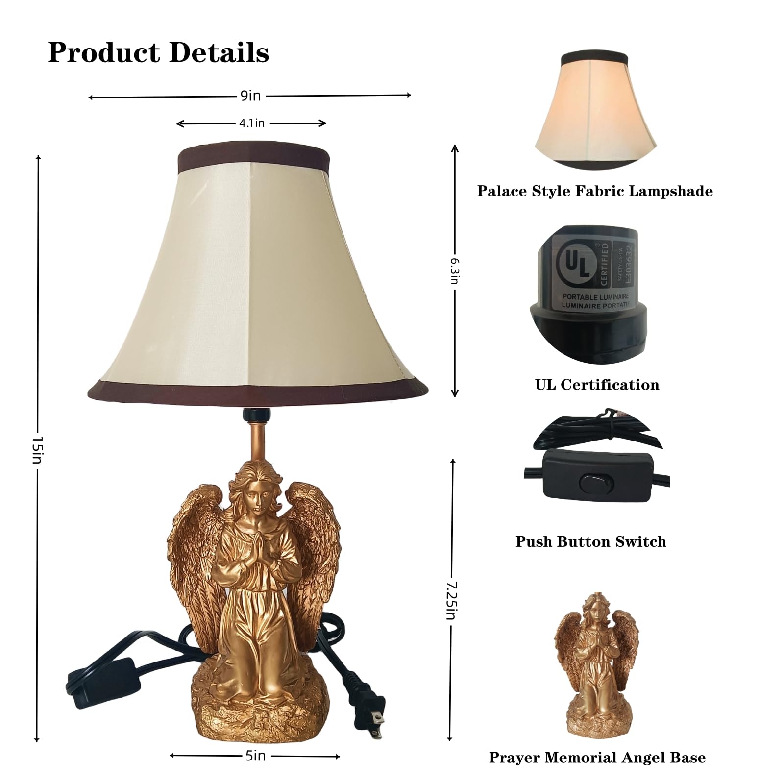 Aotmkj Praying Memorial Angel Desk Lamp,Hand-Painted Resin Prayer Angel Statue Base With Palace Style Fabric Lampshade,Vintage Farmhouse Western Bedside Lamps For Bedroom Living Room