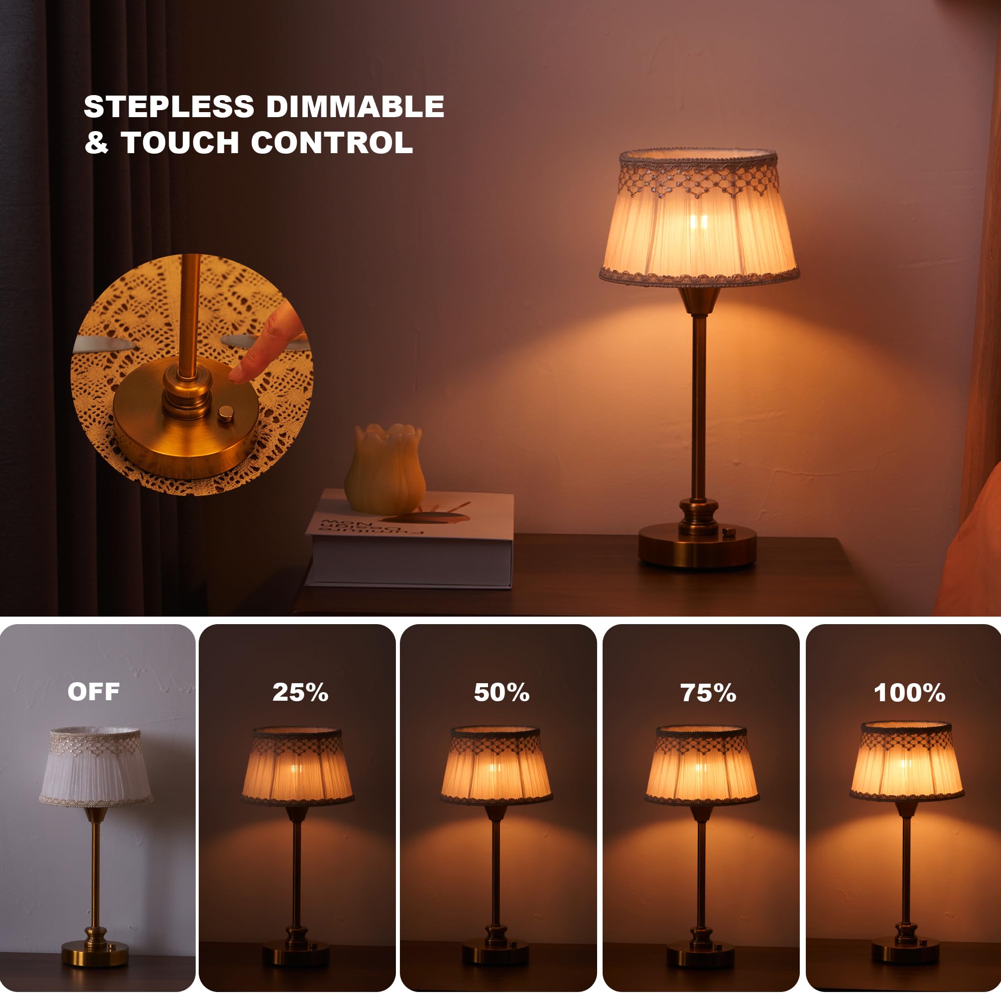 Umexus Rechargeable Cordless Table Lamp With Dimmer, Portable Small Battery Operated Lamp Outdoor, Touch Warm Light Ambient Lighting For Restaurant Patio Dining Side End Table Kitchen, Antique Brass