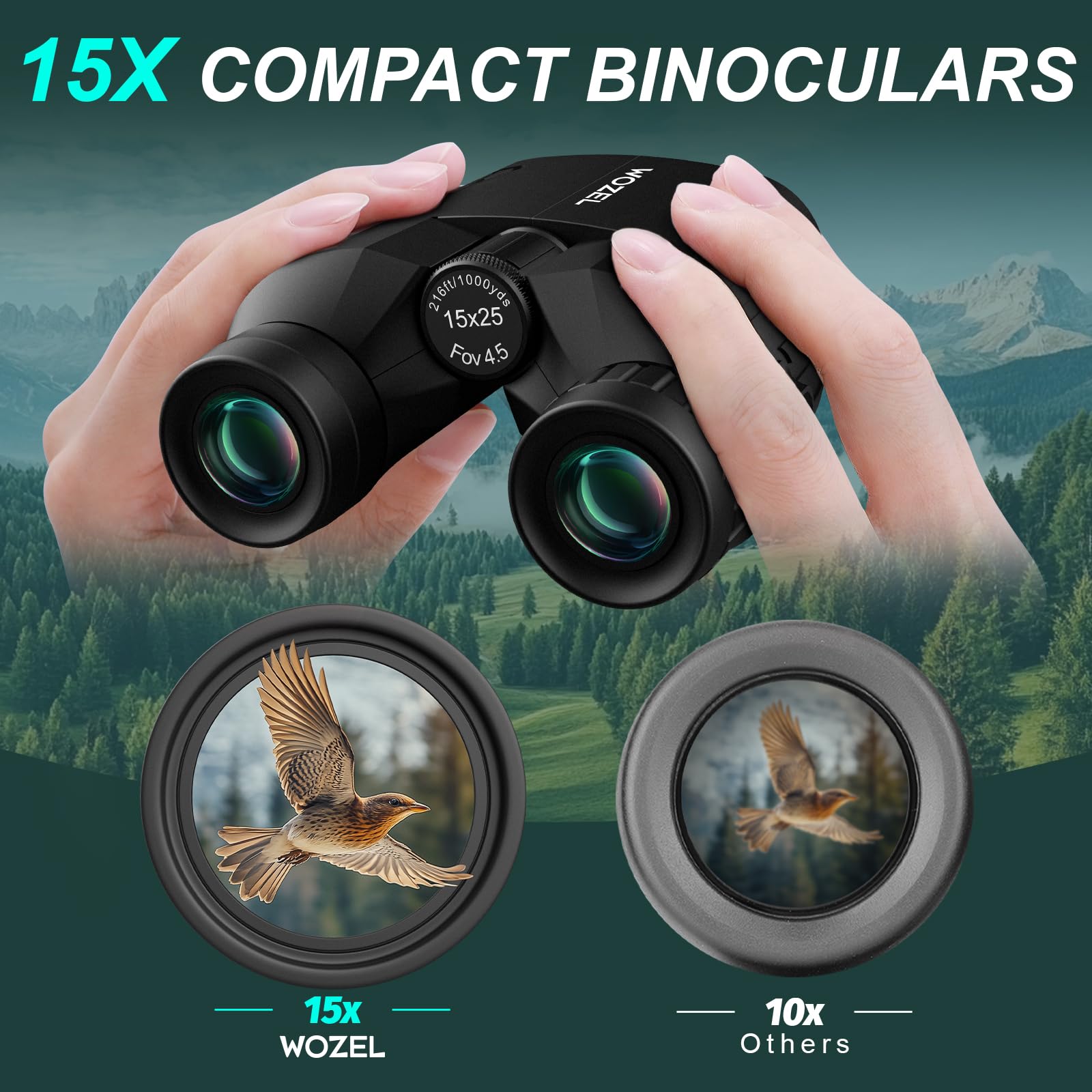 Wozel Compact Binoculars - 15X25 High Powered, Clear & Bright Vision For Adults, Bird Watching, Hiking, Hunting, Travel