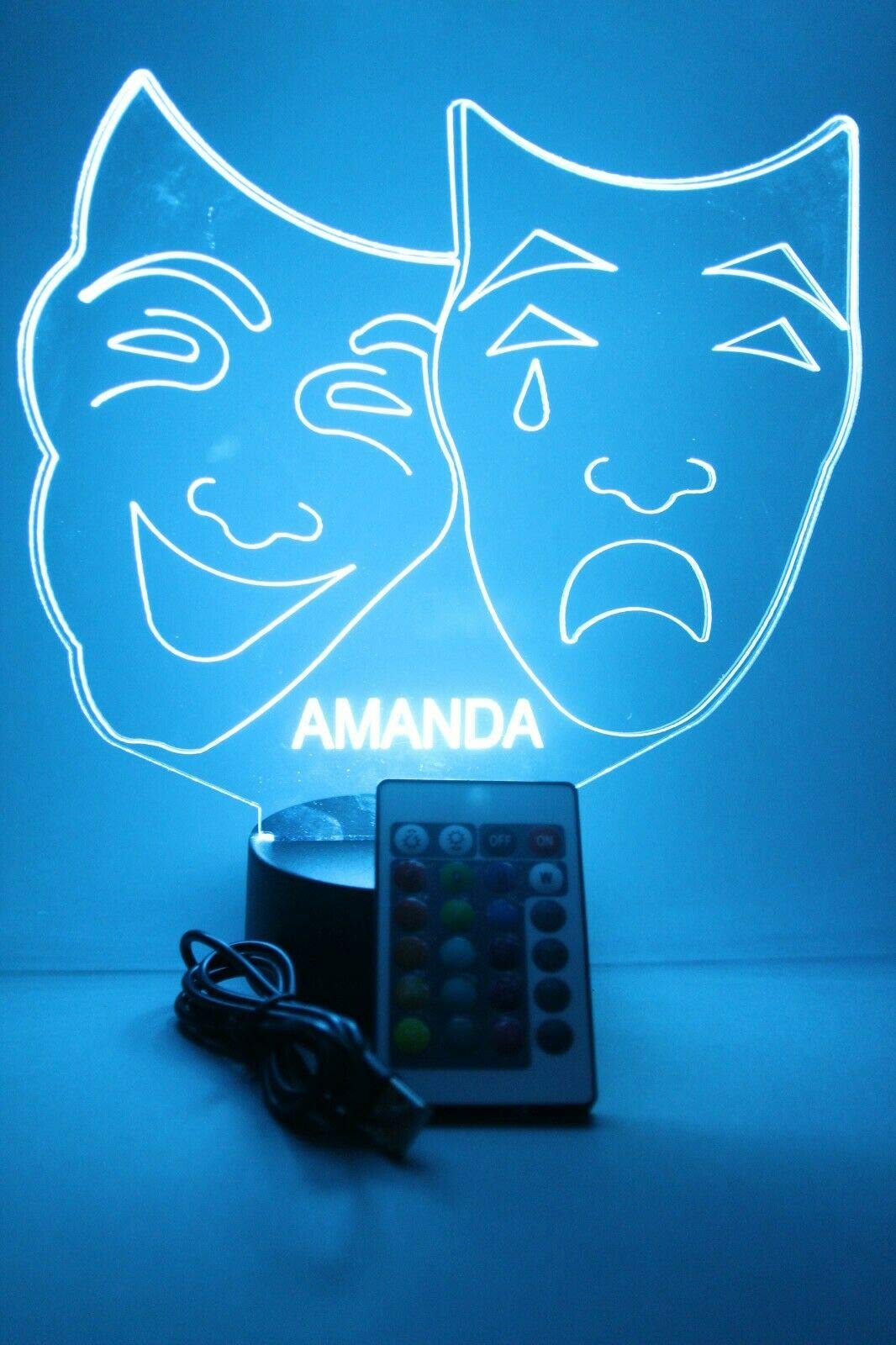 Mirror Mania Comedy Tragedy Theater Masks Light Up Night Light Lamp Led Engraved Custom Name Personalized Table Lamp, With Remote, 16 Different Color Options, Dimmer, It'S Wow, Great