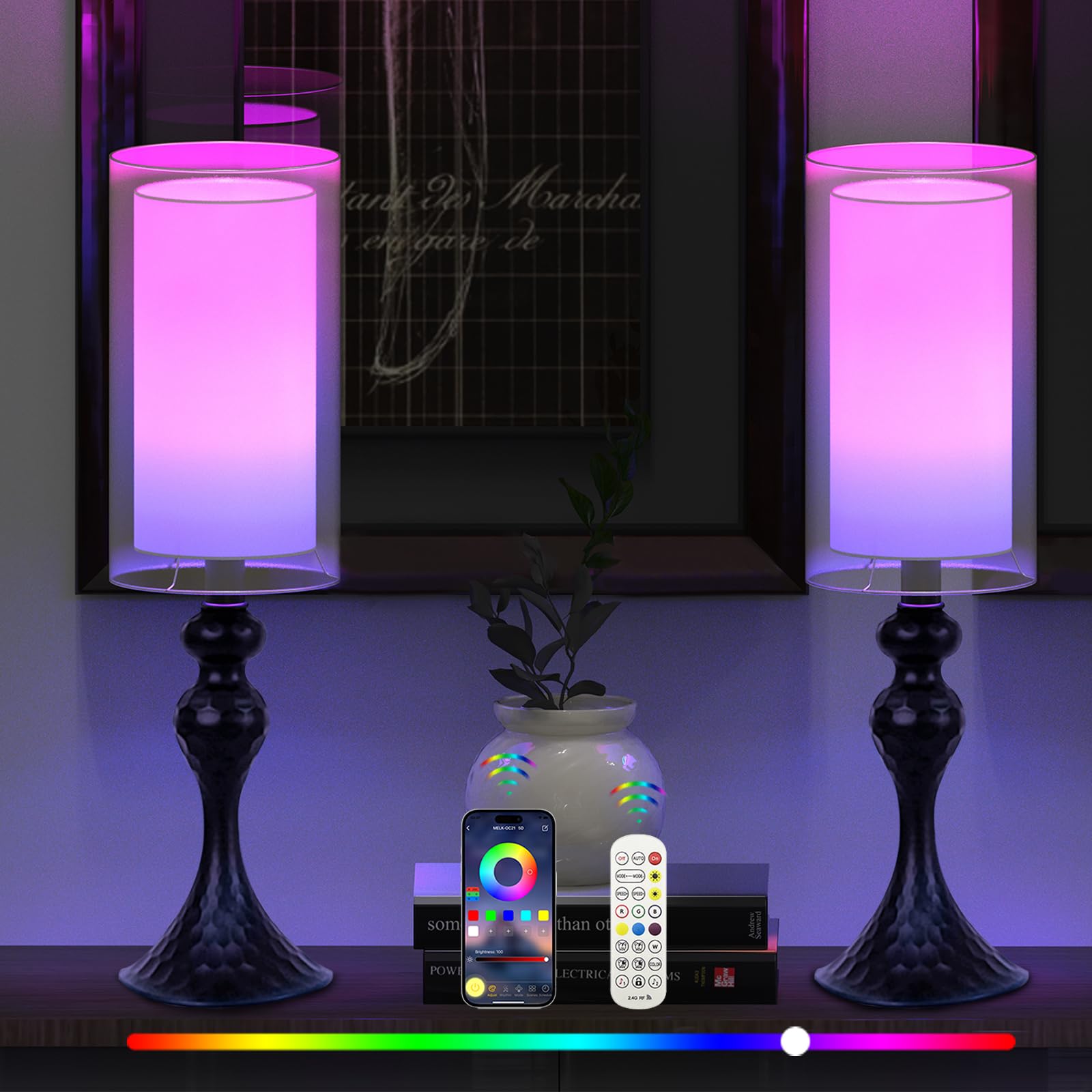 Nenrent Smart Table Lamp For Bedroom Set Of 2, Modern Bedroom Lamps For Nightstand, 72 Led Rgb Color Changing Bulb With App Control & Music Sync & Timer Bedside Lamp For Farmhouse Living Room Decor