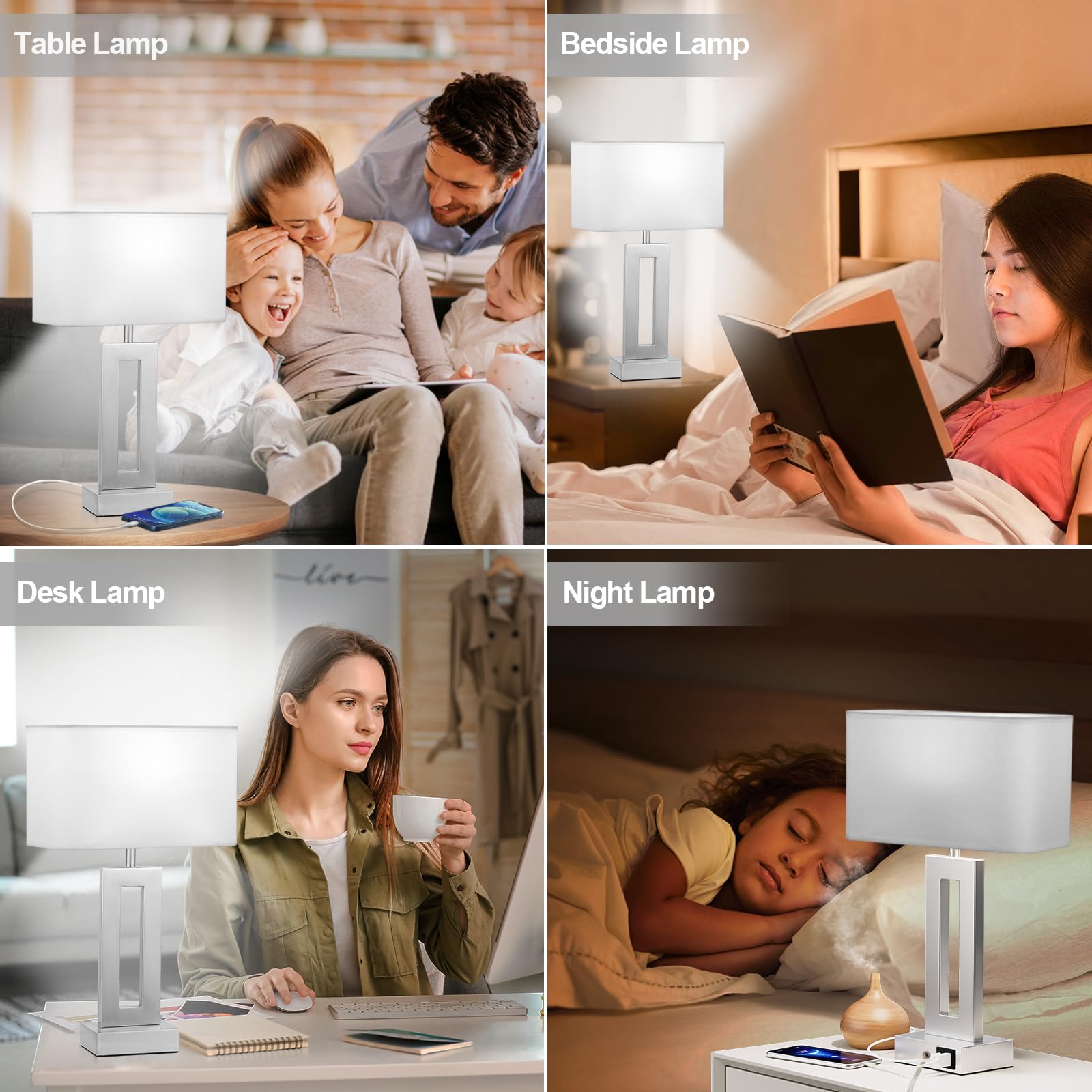 Seealle Bedroom Table Lamps Set Of 2 - White Silver Touch Bedside Lamps With Usb C+A, 3 Way Dimmable Gold Lamp For Nightstand, Modern Night Stands Lamps For Living Room End Tables
