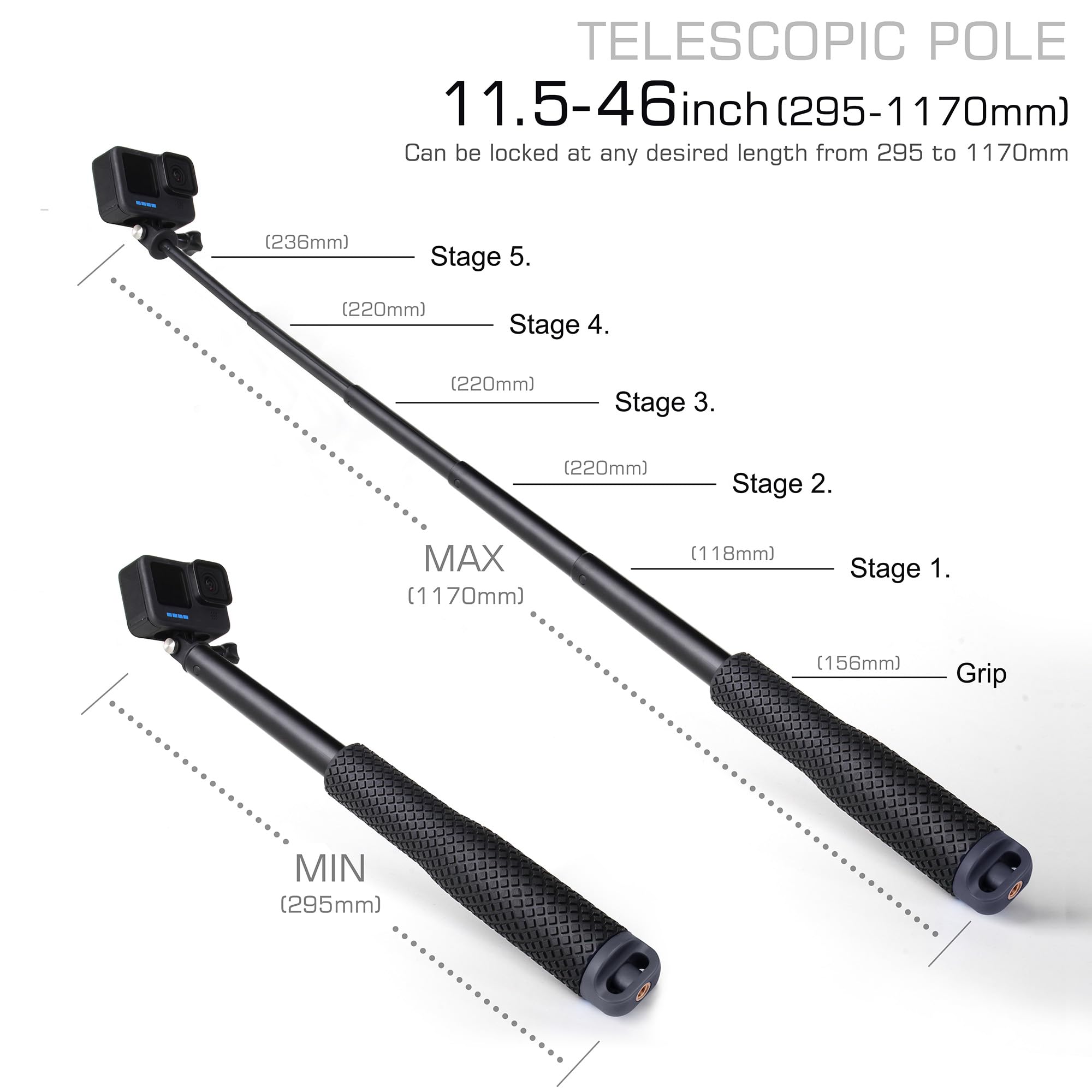 Gepuly Waterproof Selfie Stick Pole Hand Grip Adjustable Underwater Monopod For Gopro Hero 13 12 11 10 9 8 7 6 5 Akaso Dji Osmo 5 Pro Action Camera Black