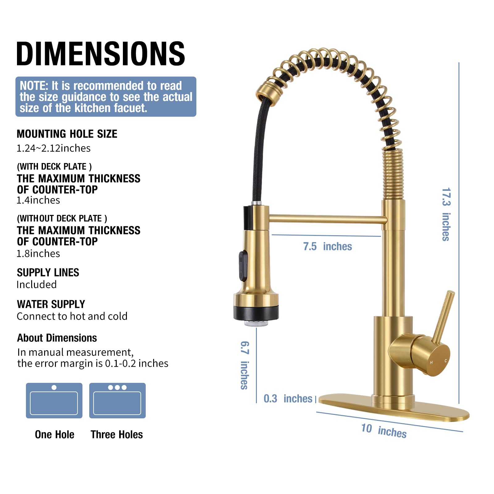 Djs Kitchen Faucets With Pull Down Sprayer Brushed Gold -【Led Light】 Single Handle 1 Or 3 Holes Spring Kitchen Sink Faucet With Deck Plate For Farmhouse Rv Vessel Basin