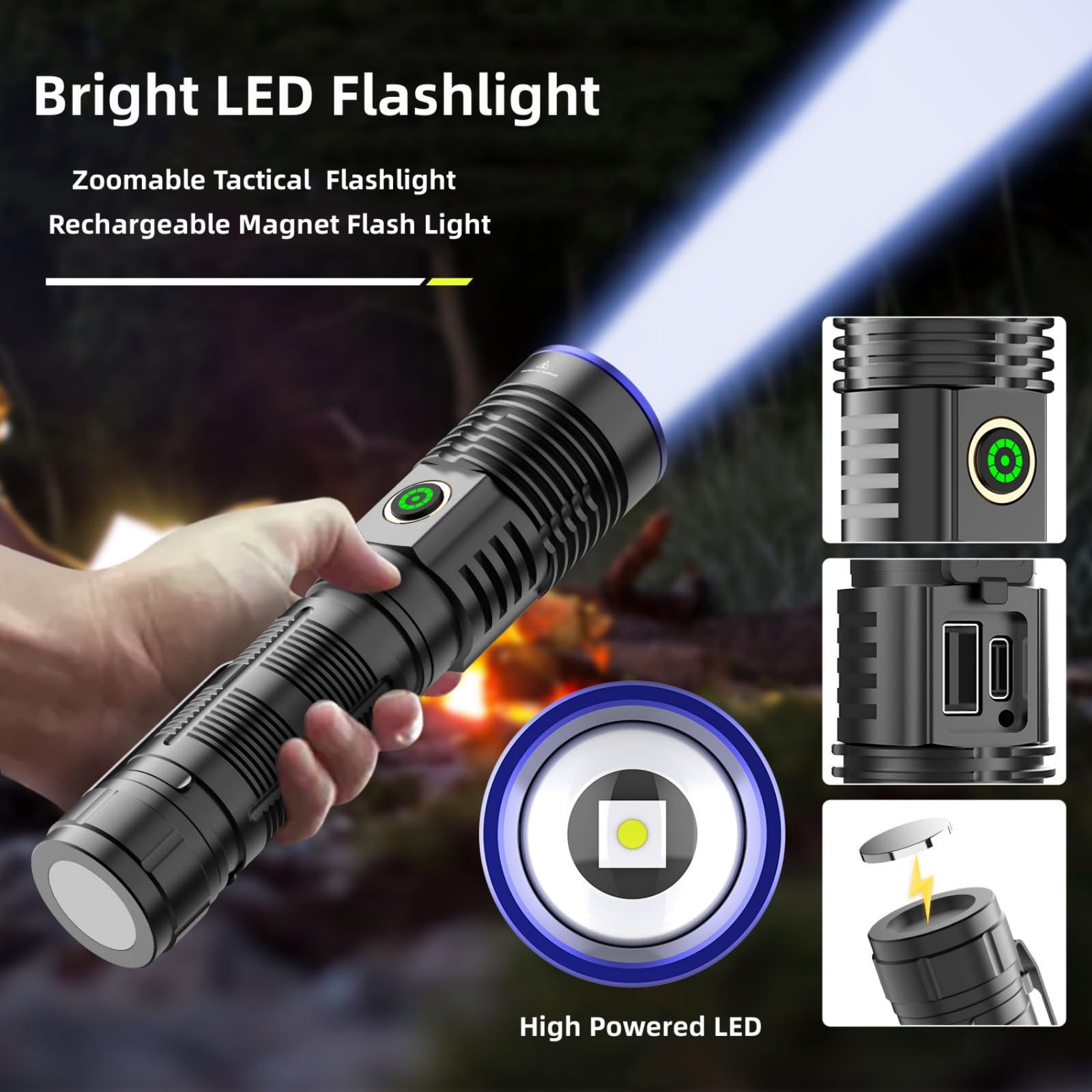 Unagea Rechargeable Tactical Flashlight High Lumen, 2000 Lumen Powerful Flashlights, White Red Green Blue Yellow, Zoomable, Multi-Color Handheld Magnet Flash Light For Camping, Hiking, Emergency,
