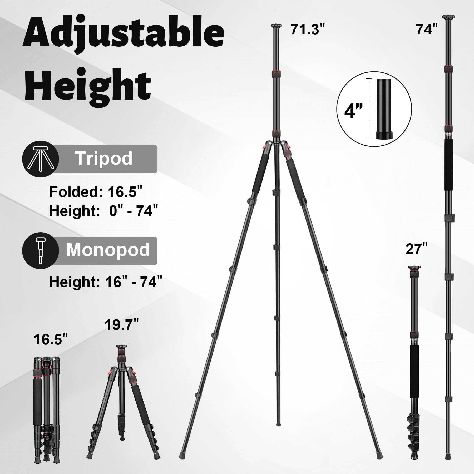 Joilcan Tripod For Camera, 74" Camera Tripods & Monopods, Professional Aluminum Tripod For Dslr Camera Phone, Compatible With 1/4"-20 And 3/8"-16 Video Head, Payload 35Lb