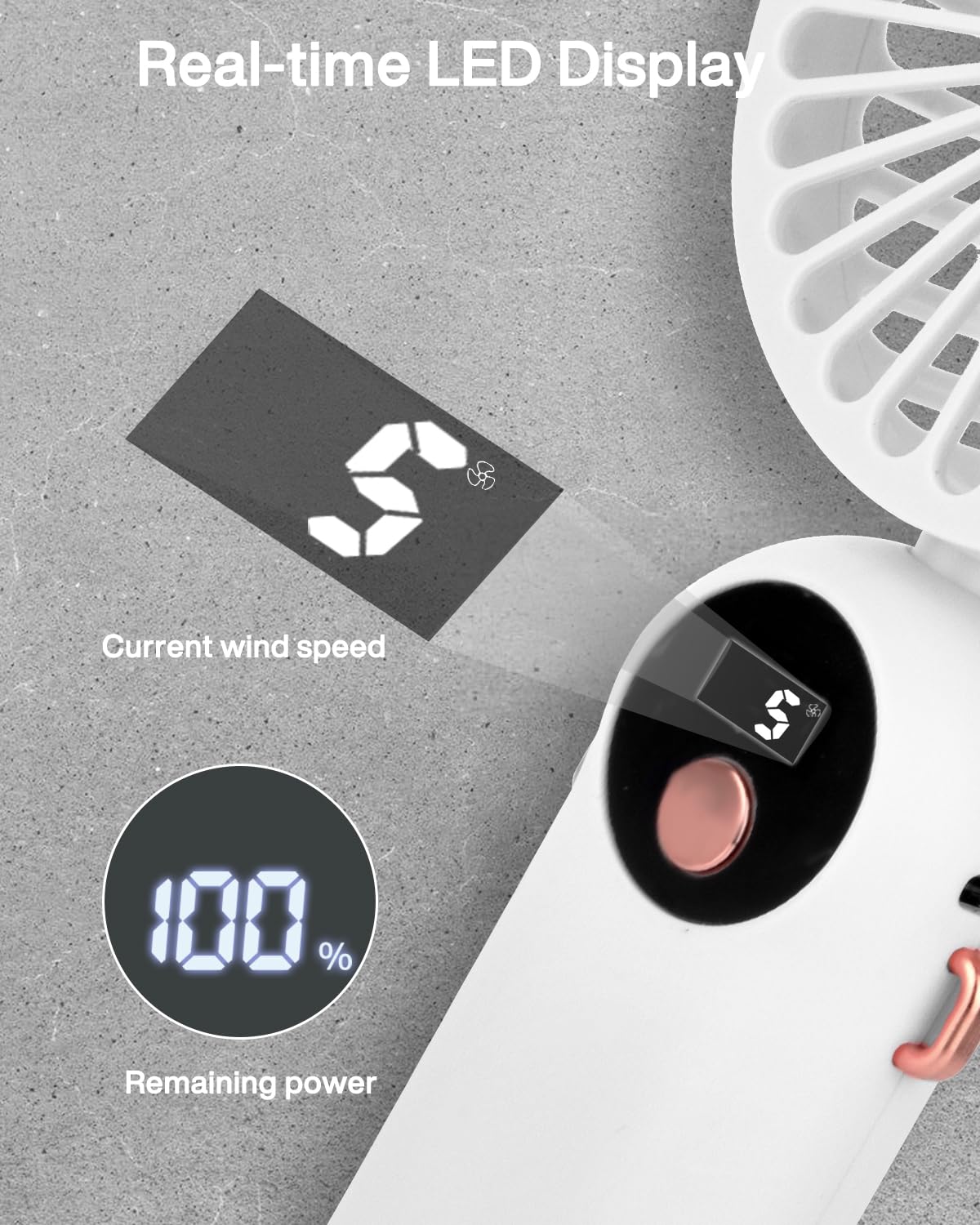 Handheld Fan, White Portable Fan Mini Desk Fan 90 Degrees Foldable 5 Speeds Standing With Base