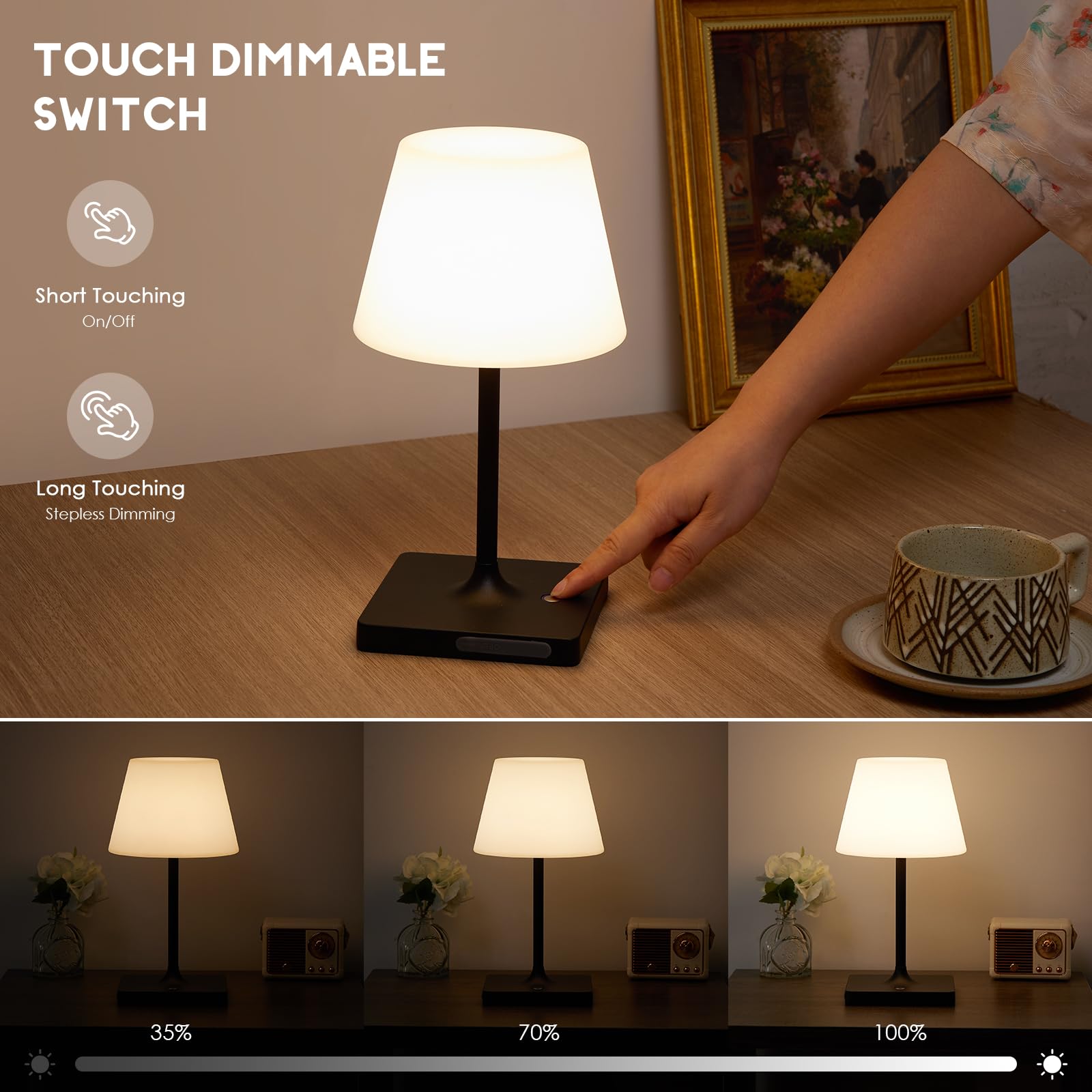 Deogos Portables Cordless Table Lamp, Outdoor Battery Operated Desk Lamp Waterproof, Built-In Rechargeable Battery, Touch Dimmable Night Light For Patio Camping Restaurant Home, Wood Grain