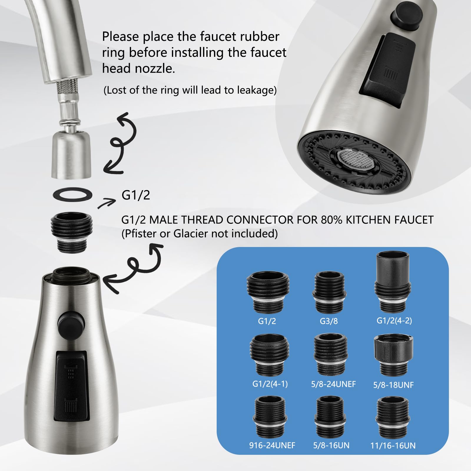 Pzto Kitchen Faucet Head Replacement,Rust-Proof, Fits All Pull Down Sink Faucets Metal Sprayers Parts, With 10 Adapters, 3-Function Cleaning, Compatible With American Standard Brushed Nickel