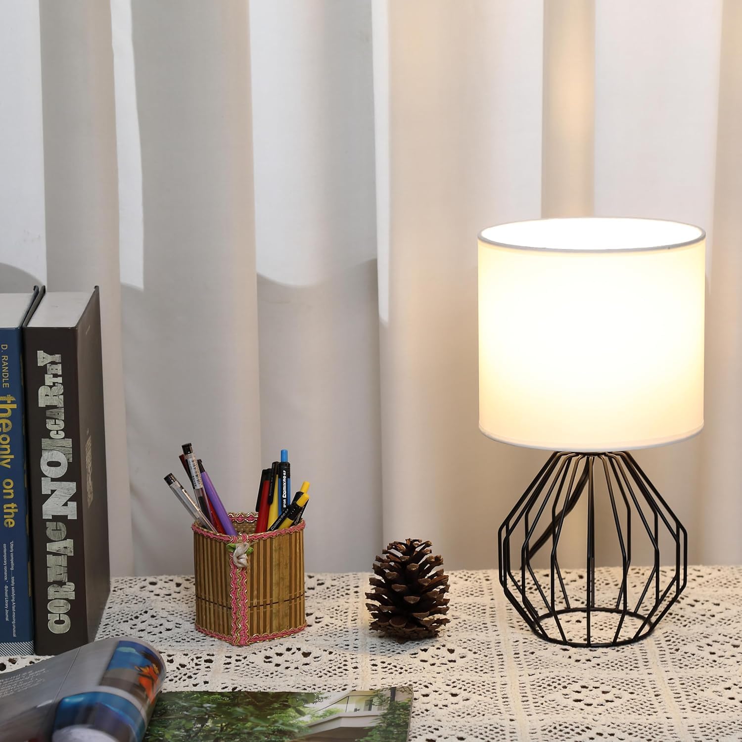 Krasty Small Black Table Lamp,Bedside Nightstand Desk Lamps With White Fabric Shade, Hollow Metal Base,Modern Geometric Lamp For Bedrooms,Living Room,Office,Entryway,Coffee Table,Kids Room